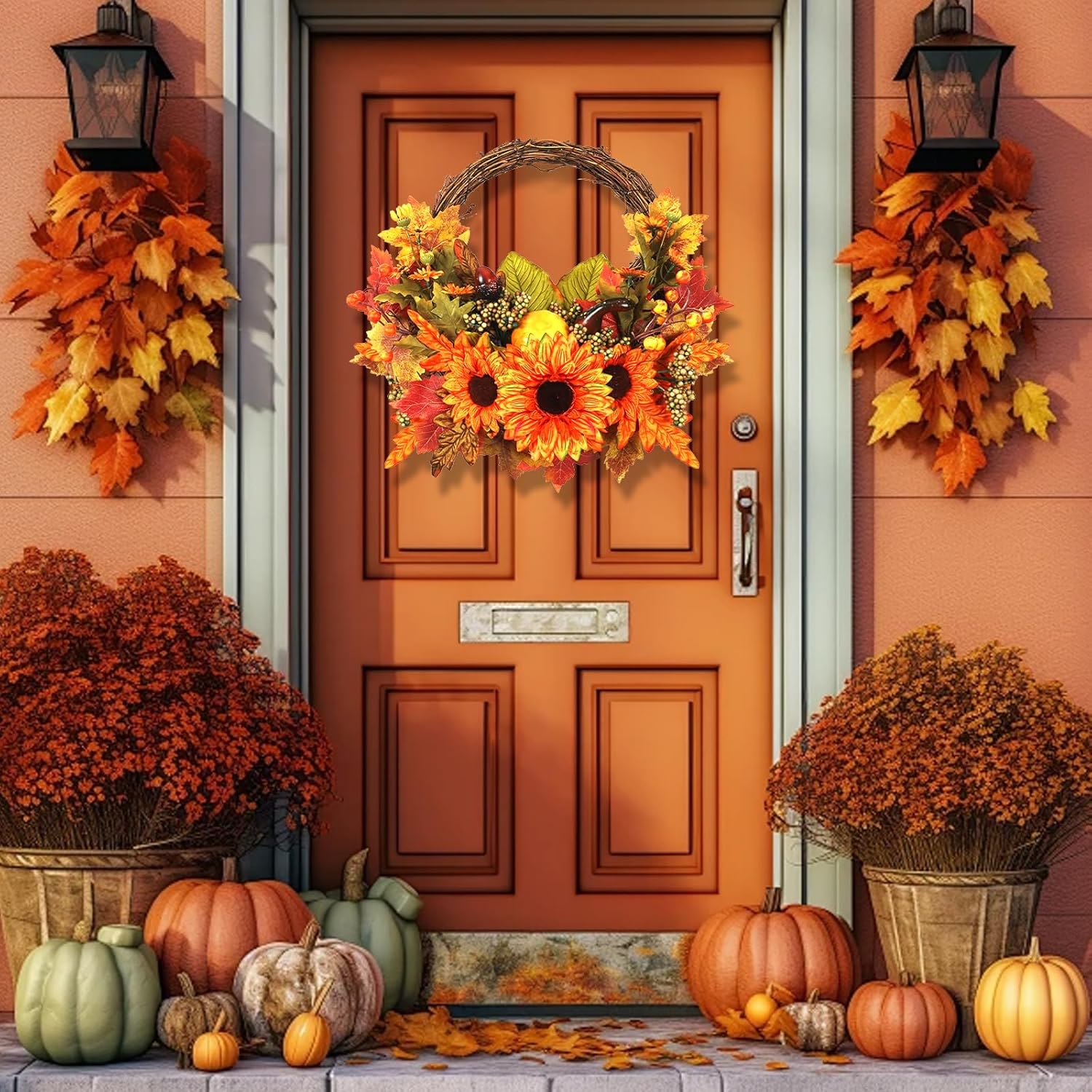 WENMAQIN 12 Inch Fall Wreath Front Door Decor