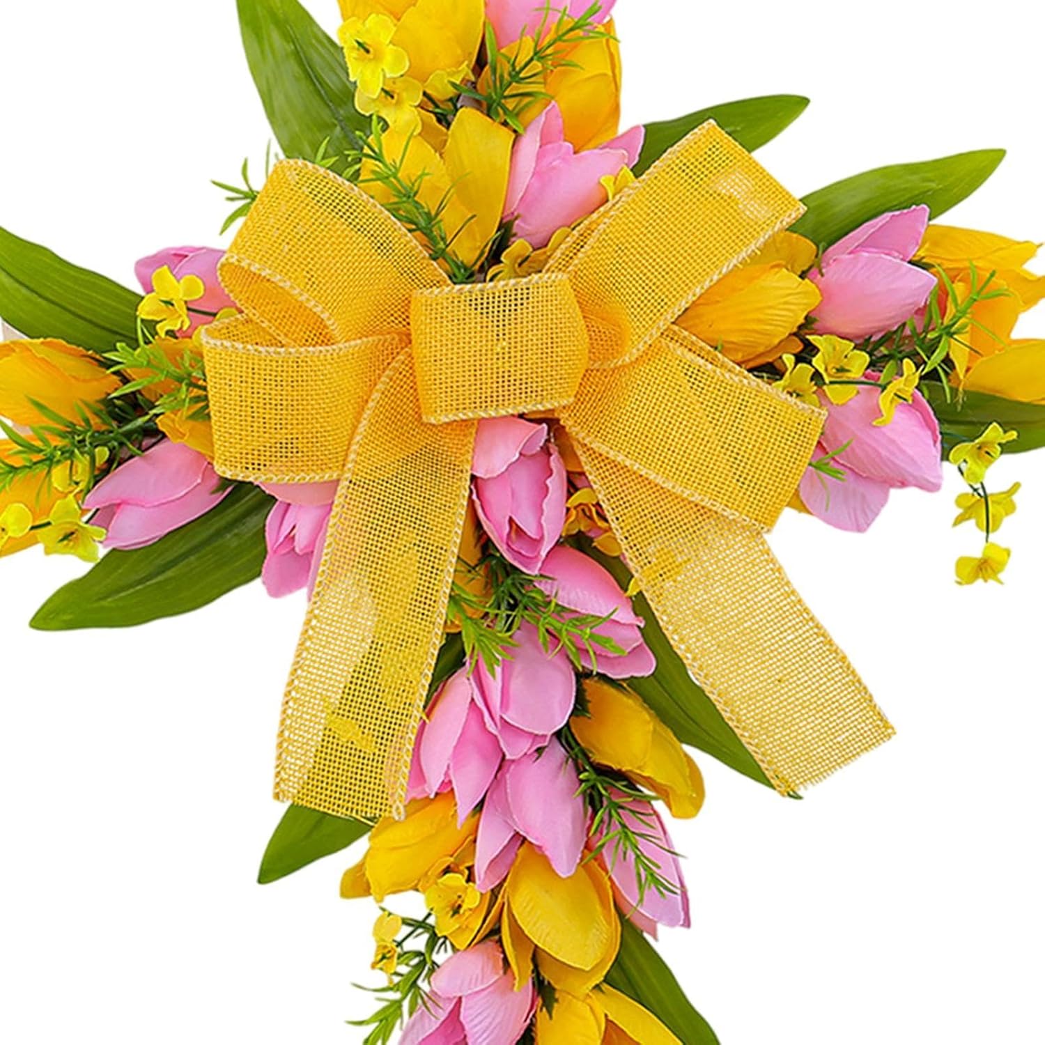 Easter Cross Wreath Artificial Flower Garland Spring Door Wreath Pink Yellow Tulip