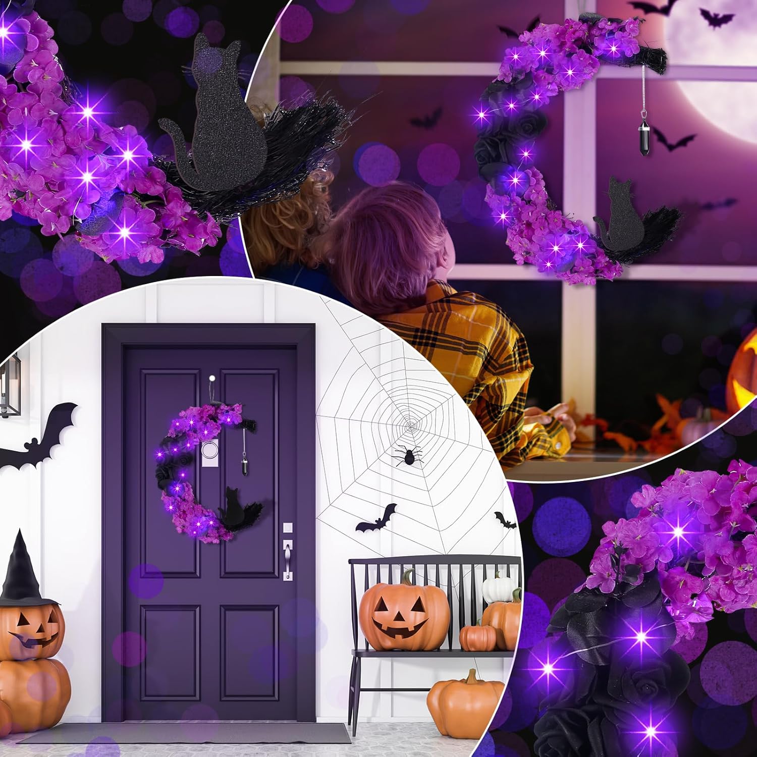 Ceenna Halloween Moon Wreath with Black Roses