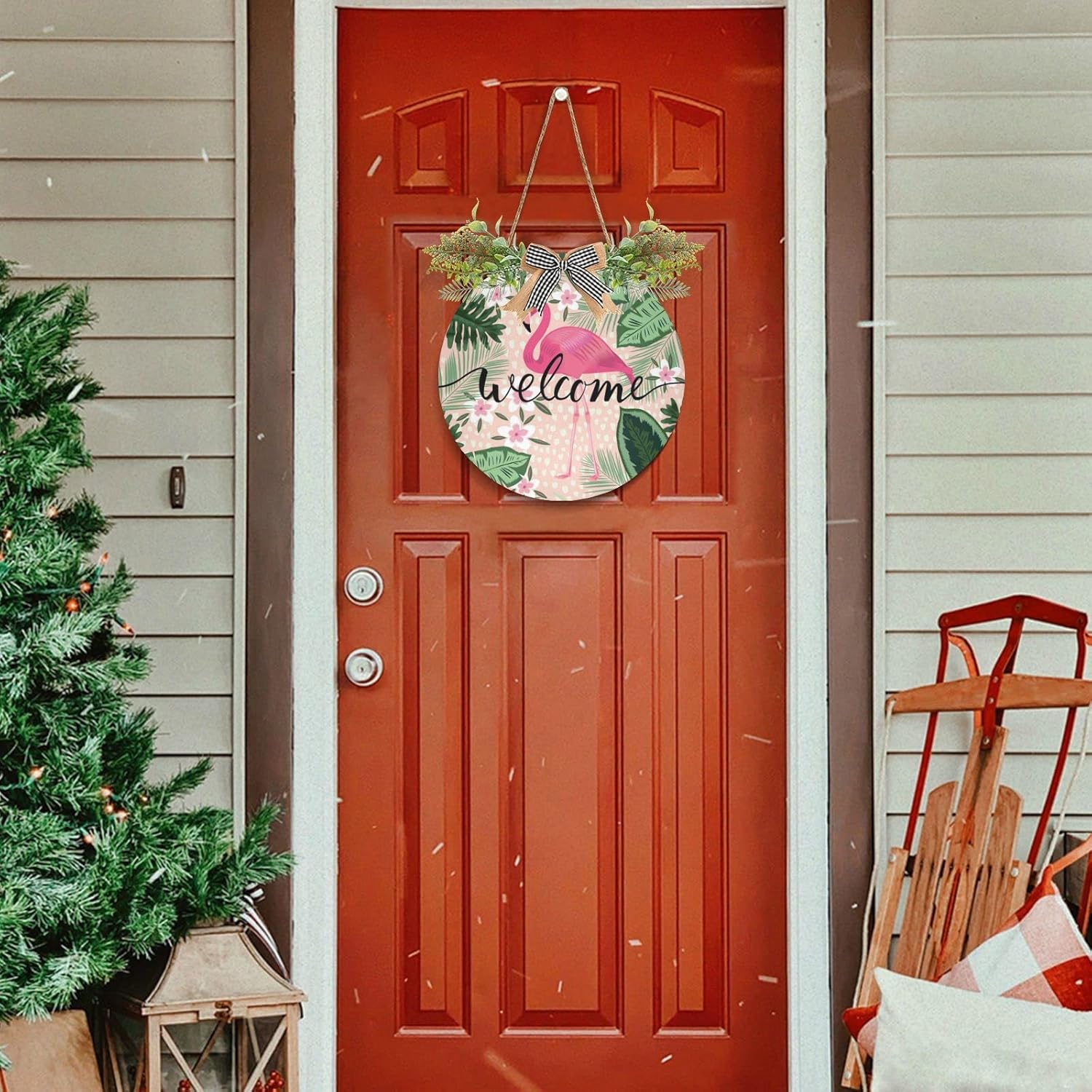 Xigua Tropical Pink Flamingo Welcome Sign Front Door Decor