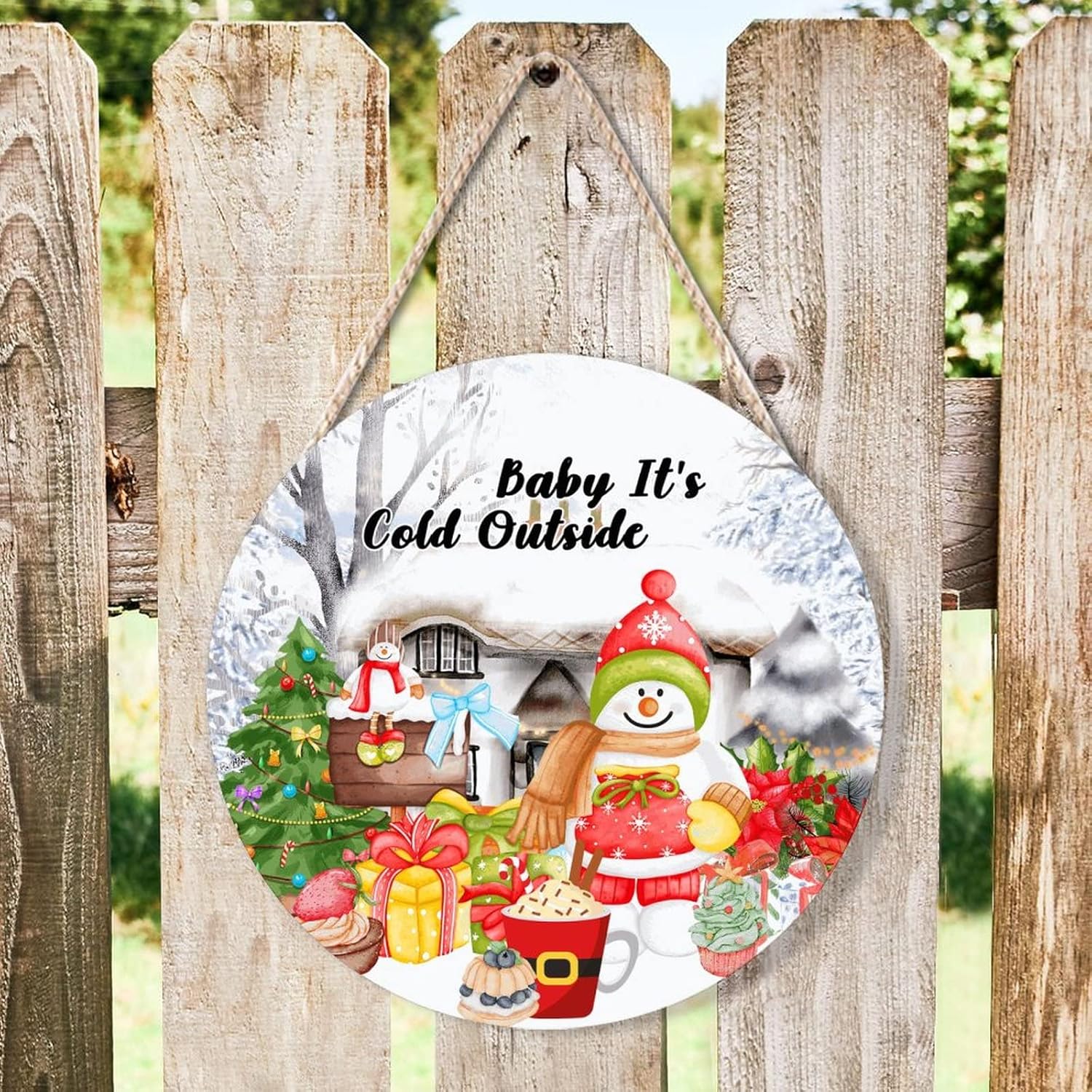 Farmhouse Front Door Hanger Winter Snowy Scene 12x12in Wood Sign