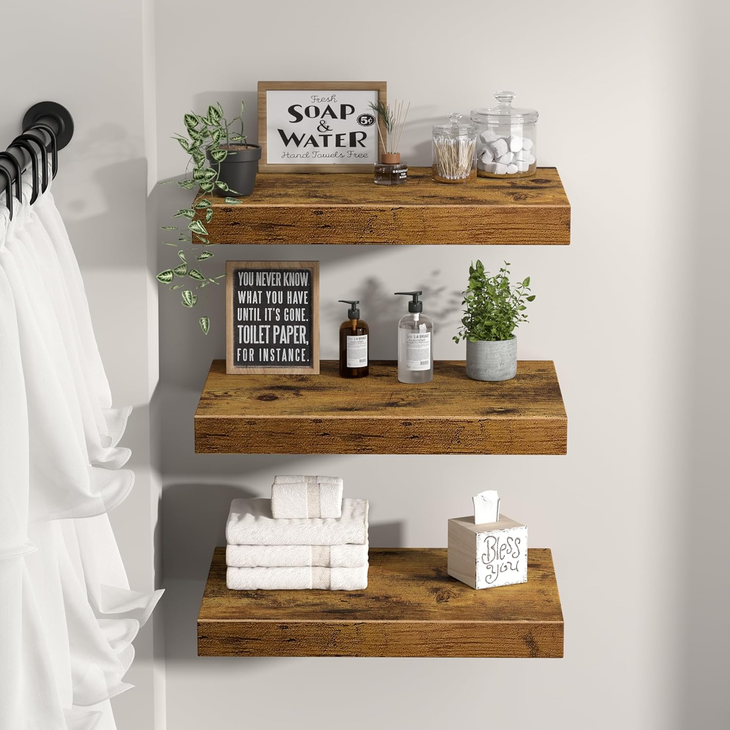 QEEIG 3 Piece 10 Inch Floating Shelves - Rustic Brown