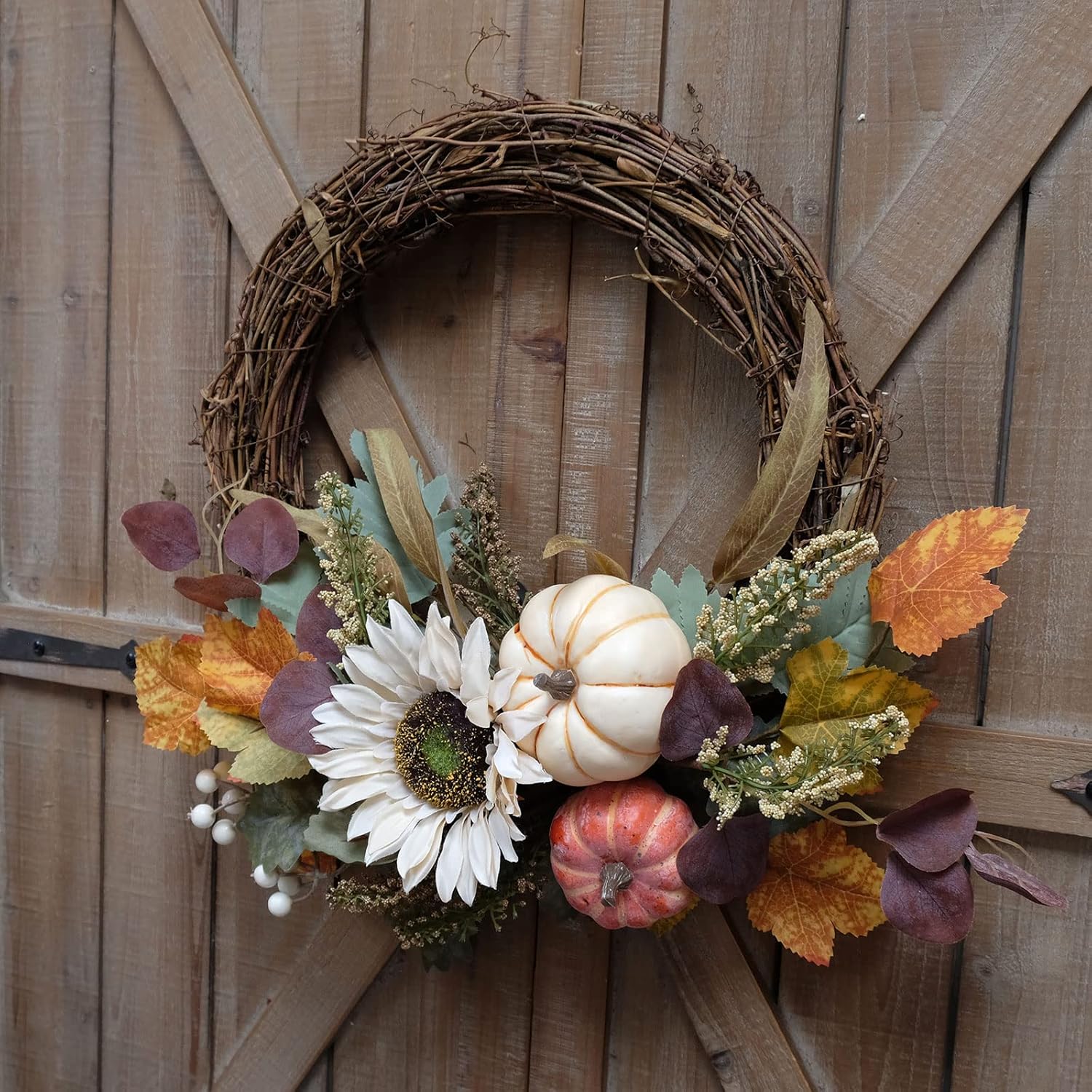 12 Inch Fall Harvest Wreath with Pumpkins and Sunflowers