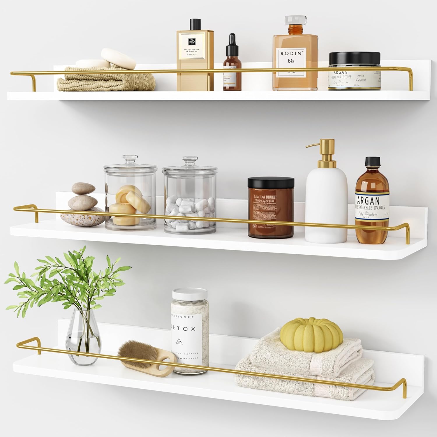 Forbena 24 Inch Floating Shelves Set of 3 Gold and White