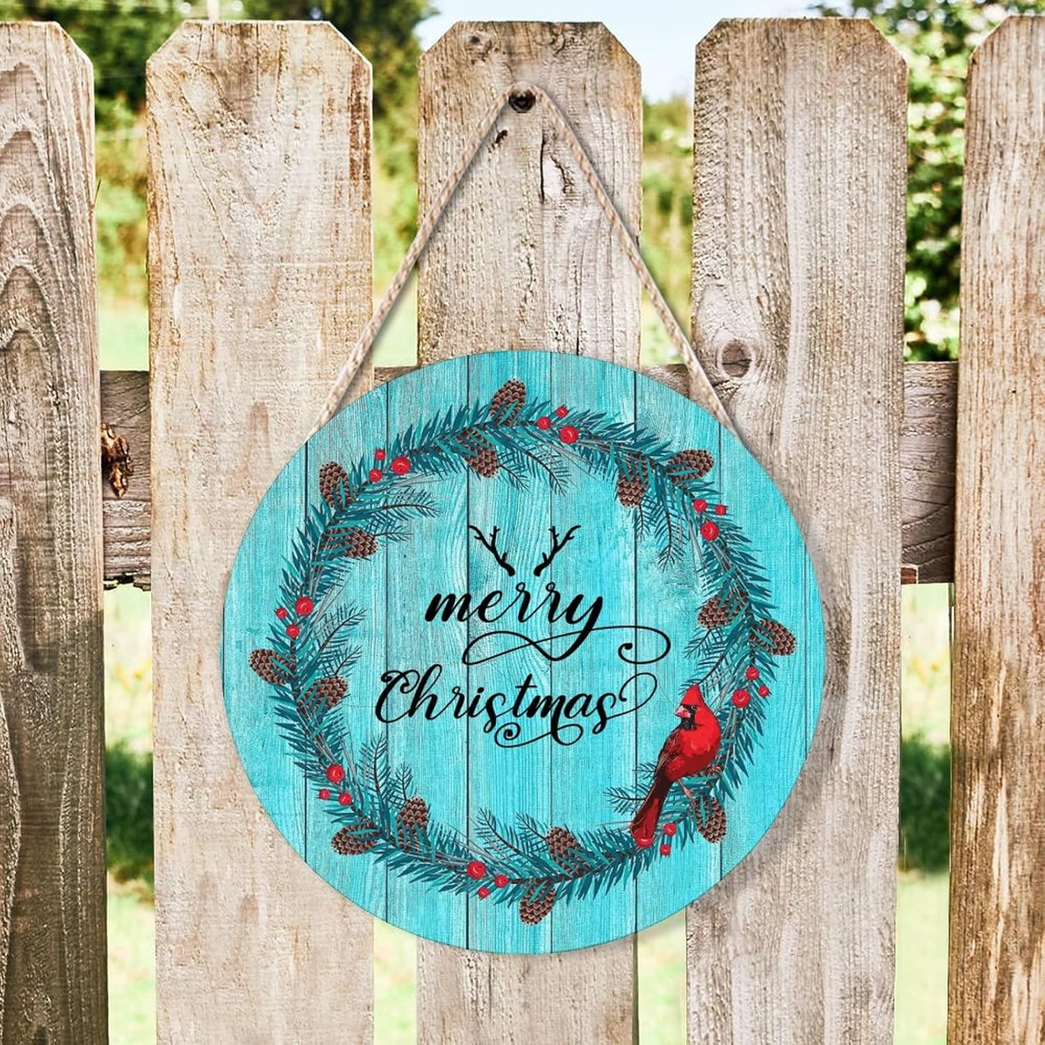 Farmhouse Front Door Hanger Red Bird Wreath Christmas Wood Sign
