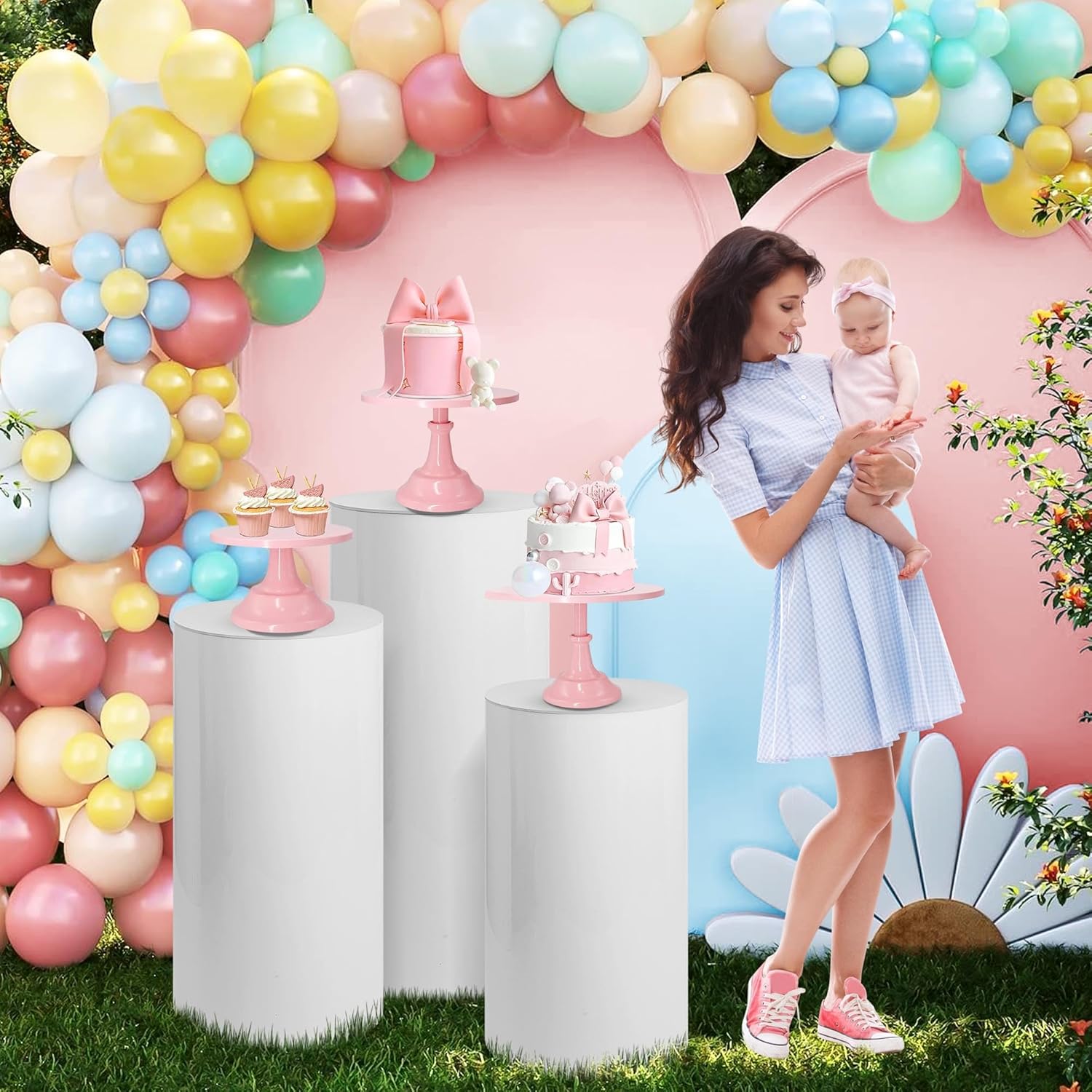 3PCS White Cylinder Pedestal Stands for Party Displays