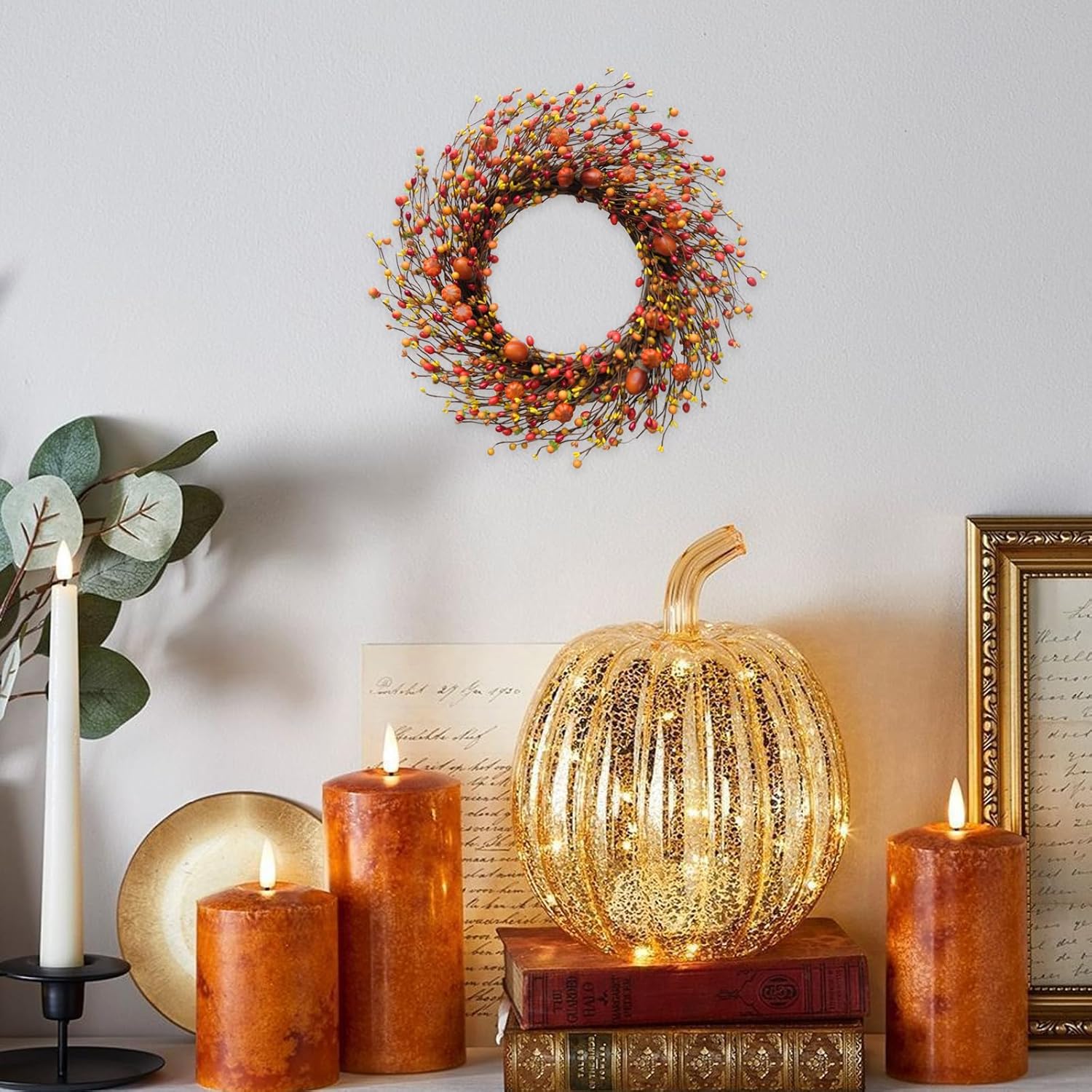 TEMPUS Fall Berry Wreath 20 Inch Autumn Decor