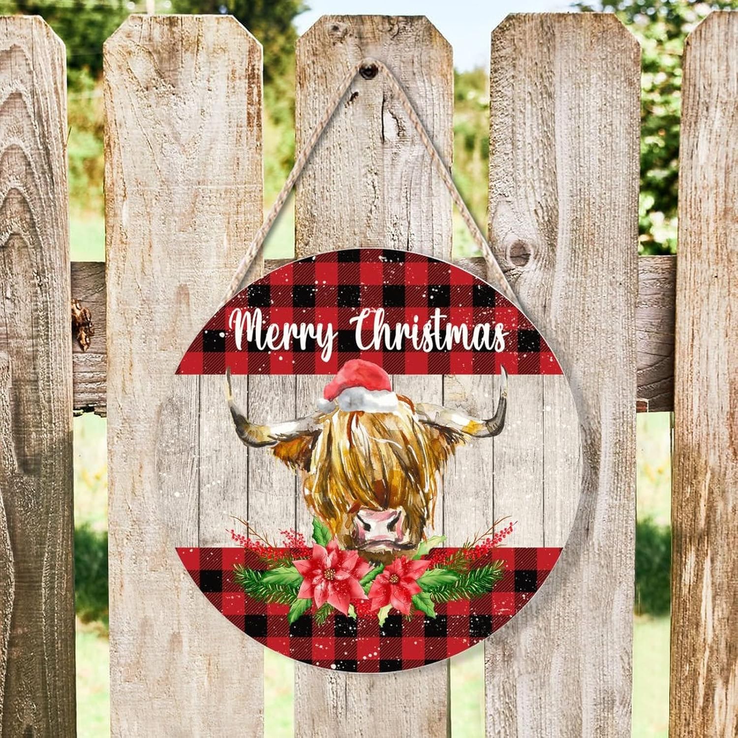 Farmhouse Door Hanger Red Buffalo Plaid Wood Sign 10x10in