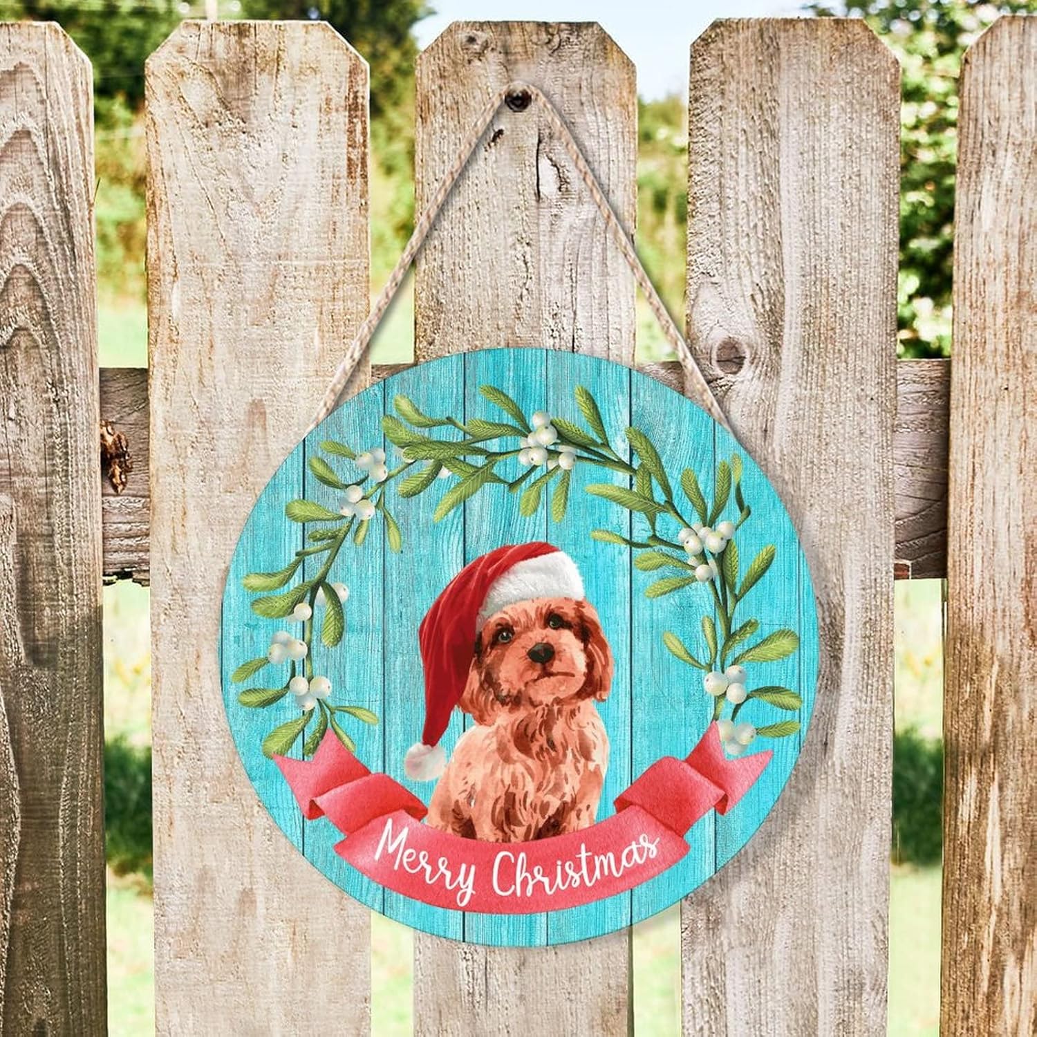 Farmhouse Door Hanger Funny Dog Santa Hat Holly Wreath Wood Sign