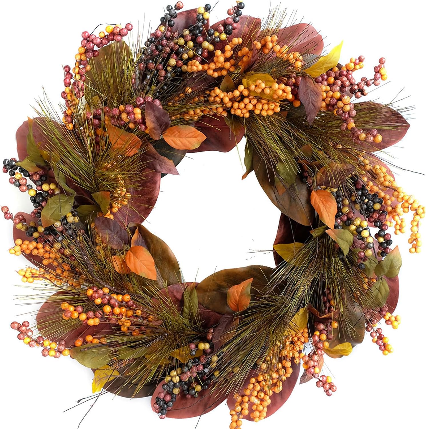 TEMPUS 20 Inch Thanksgiving Wreath with Magnolia Leaves and Pine Cones