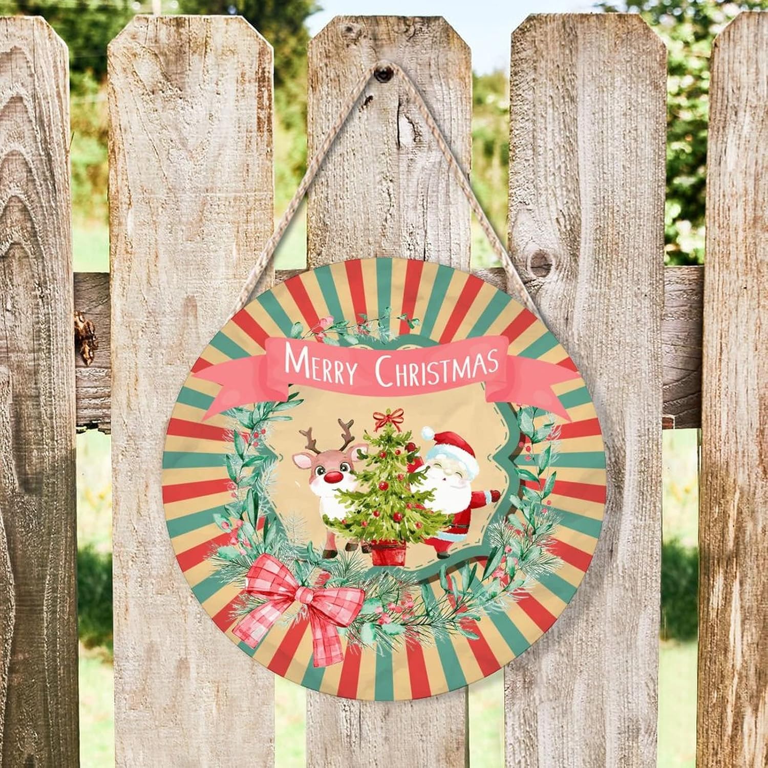 Funny Farmhouse Door Hanger Santa Reindeer Wreath Sign 10x10in