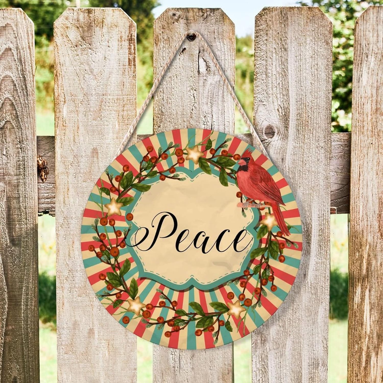 Farmhouse Door Hanger Red Birds Holly Christmas Peace Wood Sign 10x10in