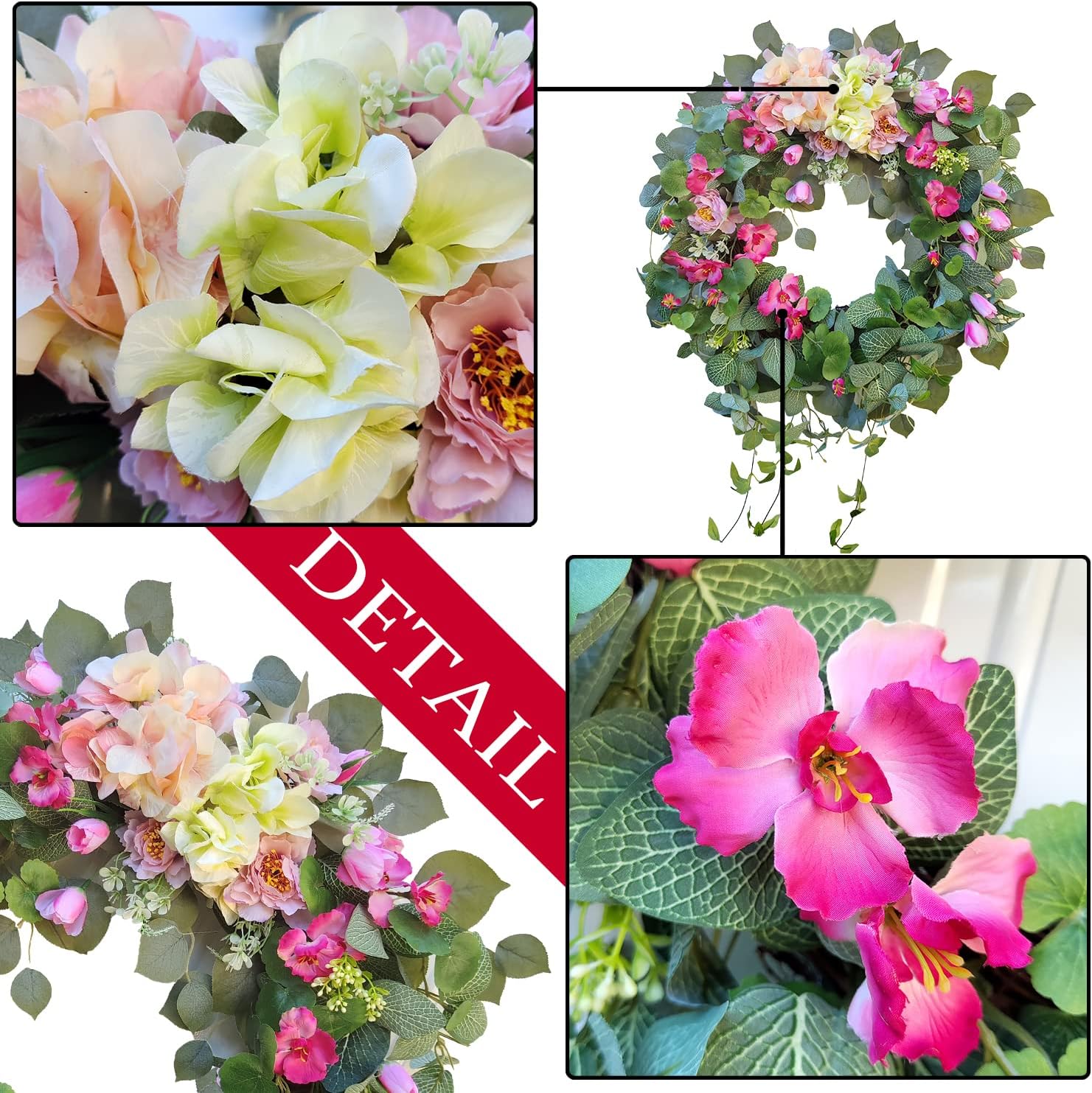 24 Inch Spring Wreath with Pink Tulips and Purple Hydrangeas