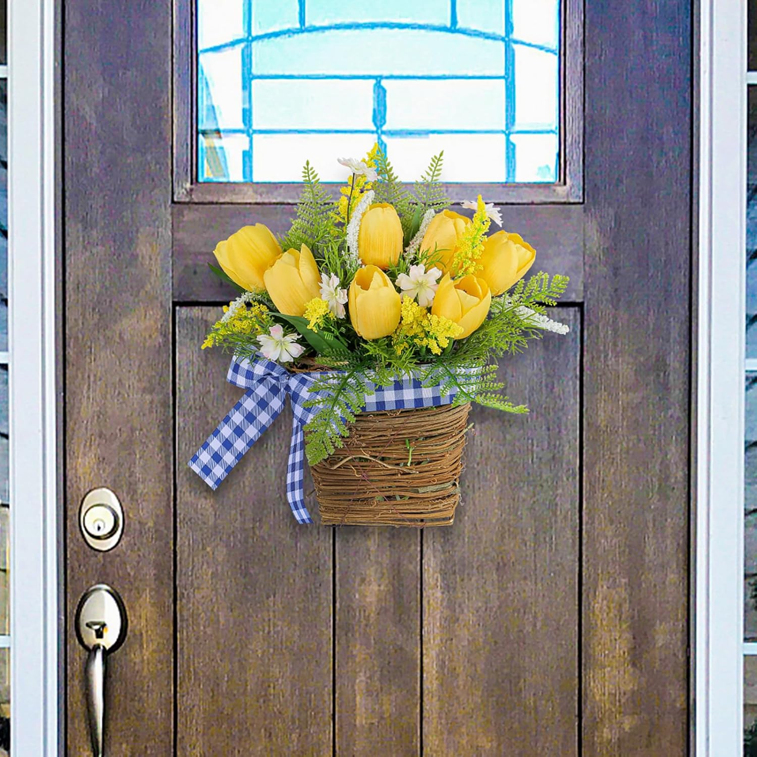 Tomotato Tulips Door Wreath Basket with Wildflowers