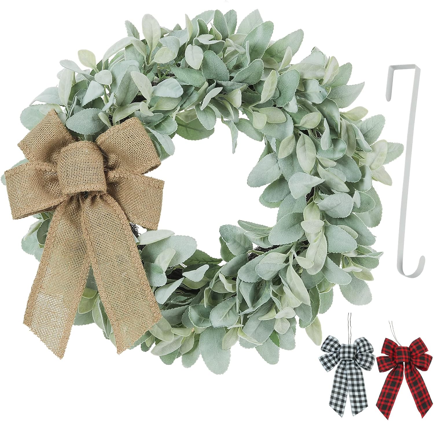 18 Inch Flocked Lambs Ear Wreath with 3 Bows