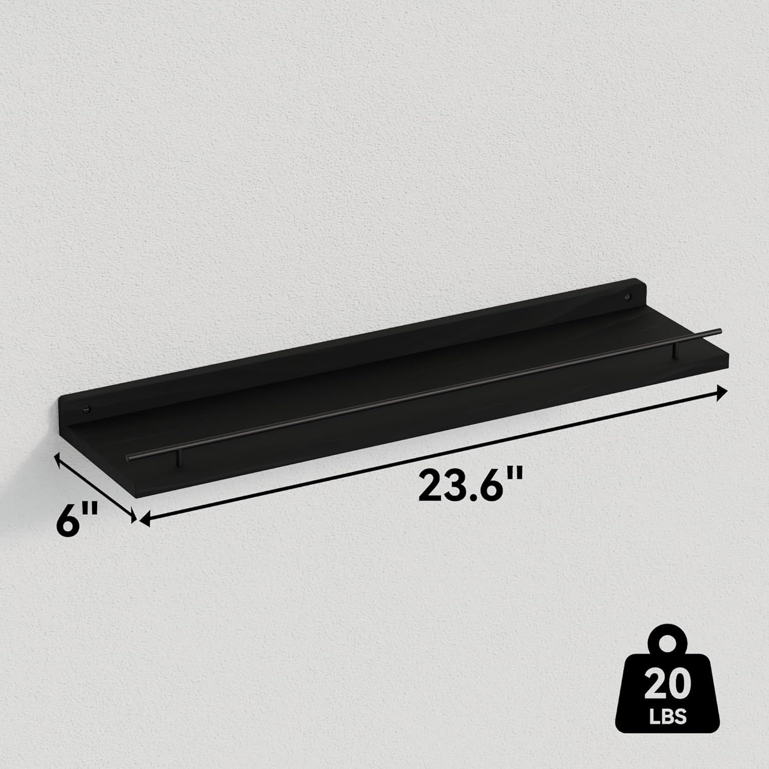 WOPITUES Floating Shelves 24 Inch Set of 3 with Gold Metal Guardrail - Black