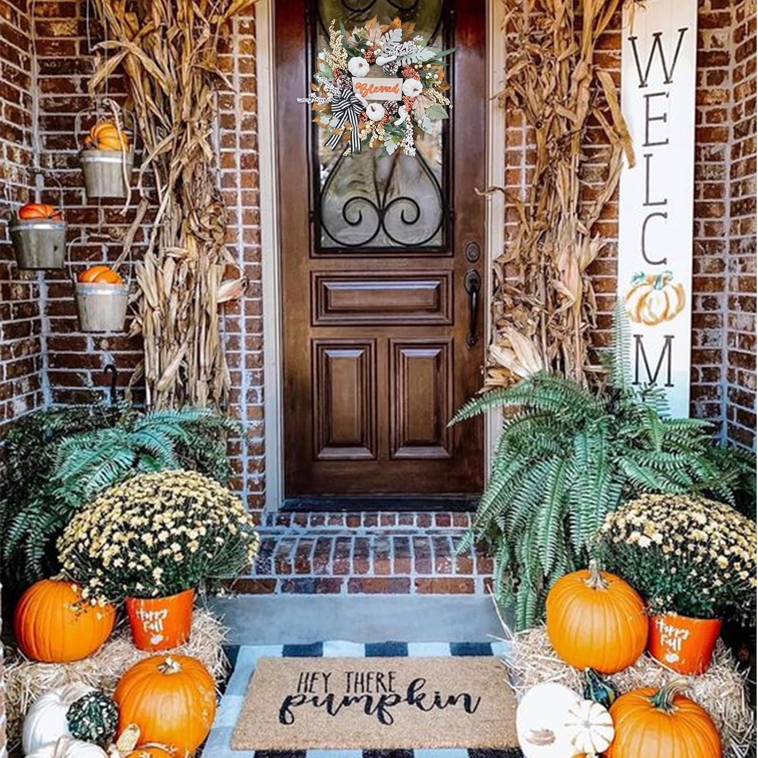 Vofuly Fall Wreath with White Pumpkin and Ribbon Bow