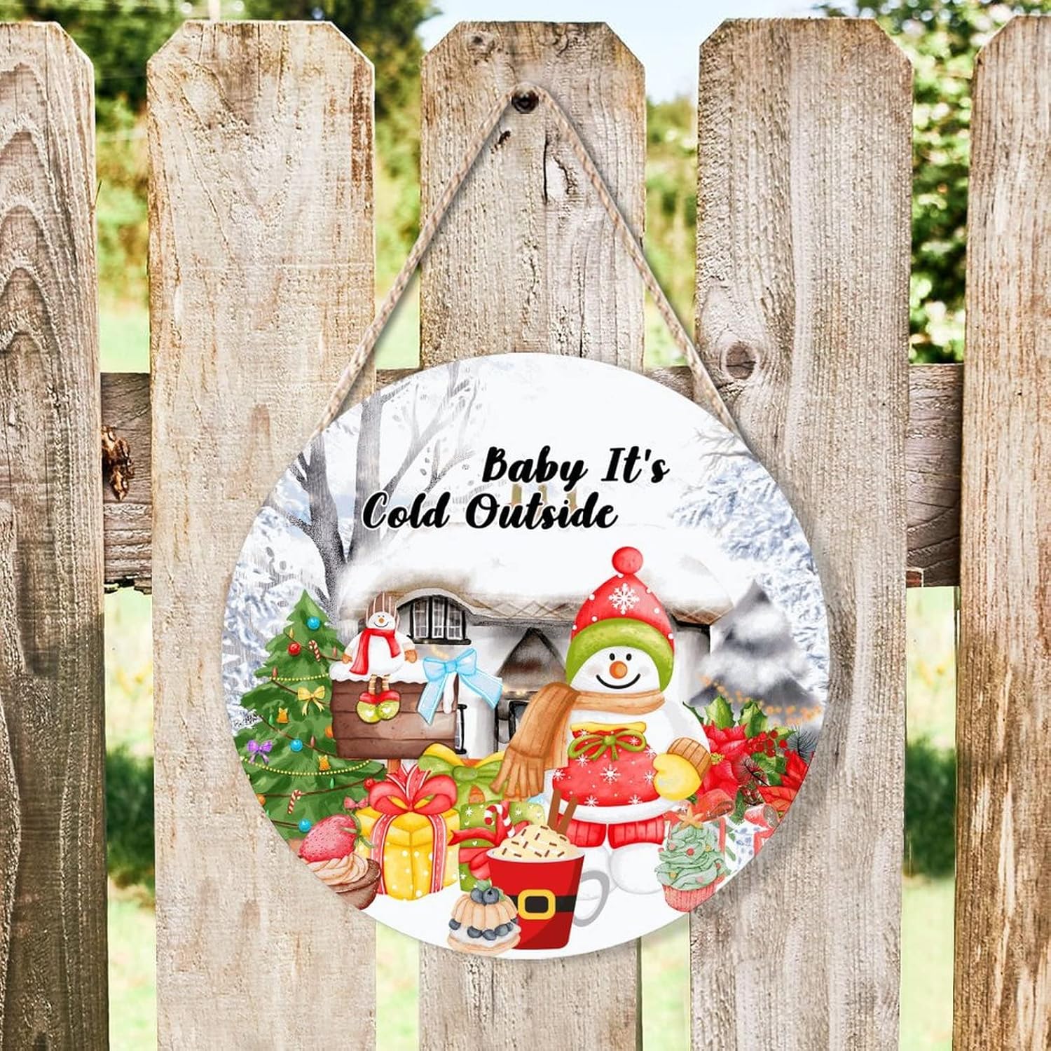 Farmhouse Front Door Hanger Winter Snowy Scene Wood Sign 10x10in
