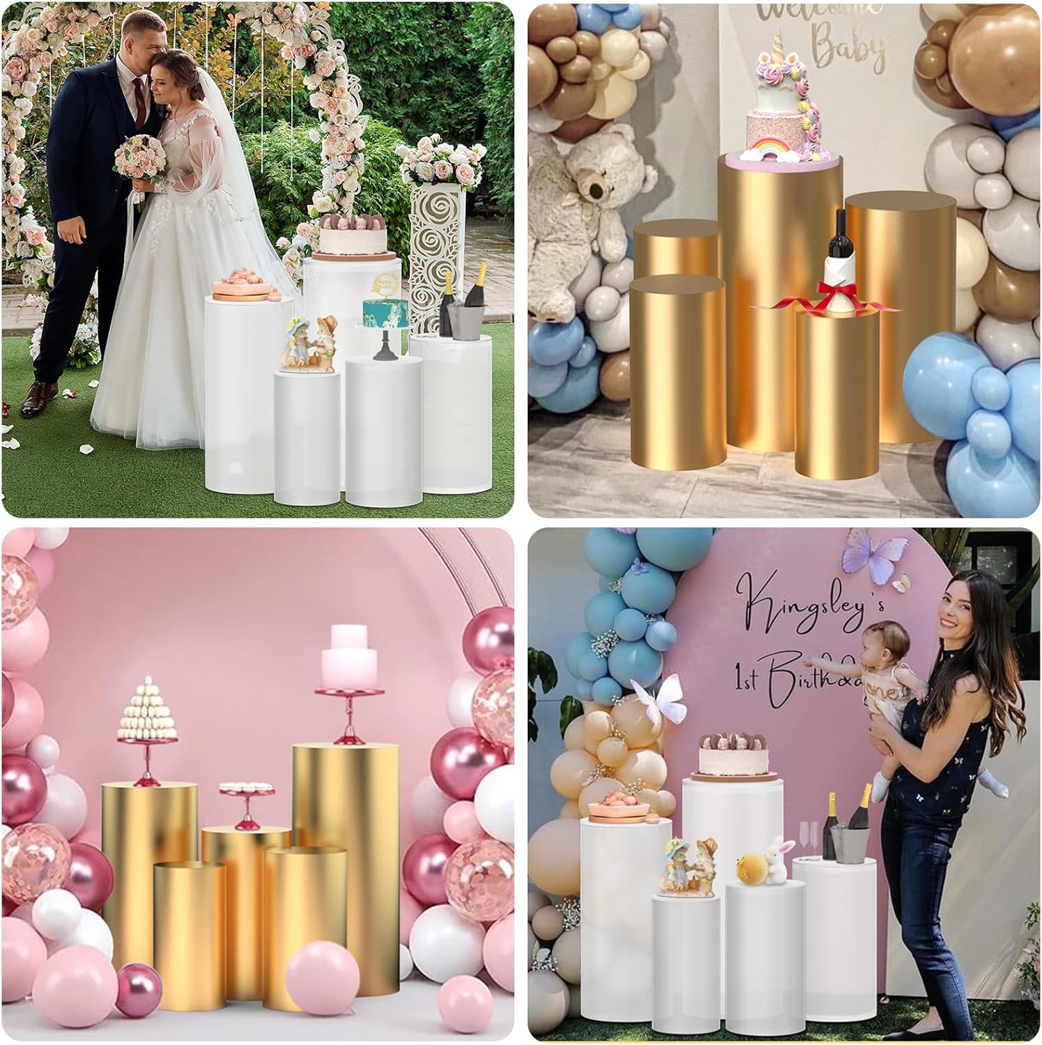 Set of 5 Frosted Acrylic Pedestal Stands with Gold Covers