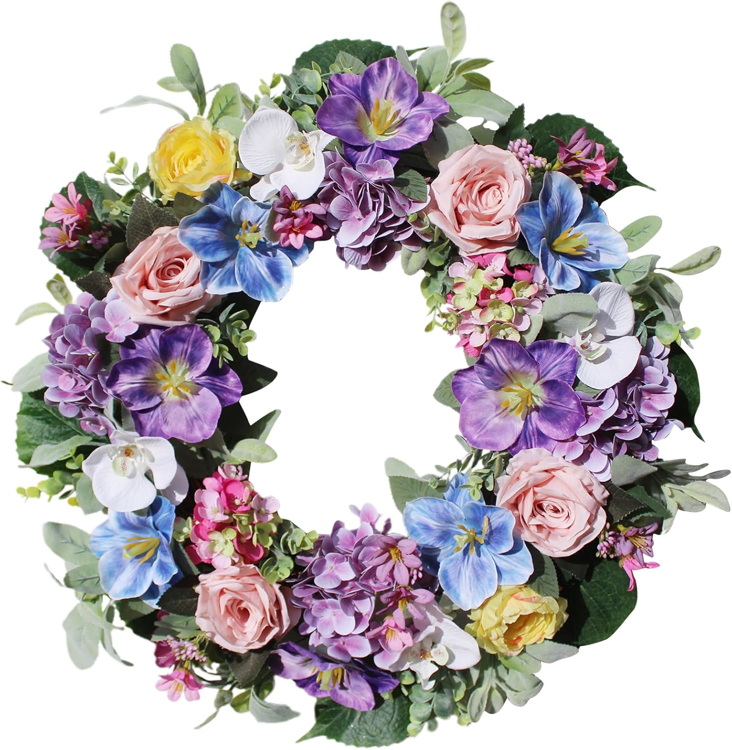 24 Inch Spring Summer Door Wreath with Purple Hydrangea and Pink Roses