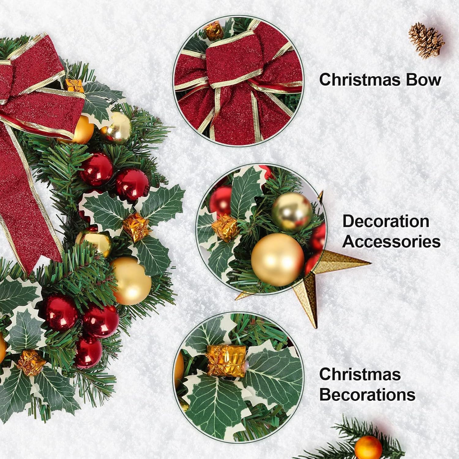 Heflashor 17 Inch Christmas Wreath with Bow