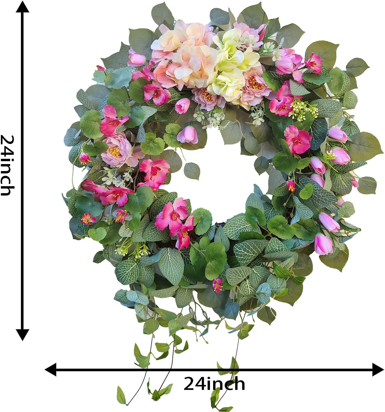 24 Inch Spring Wreath with Pink Tulips and Purple Hydrangeas