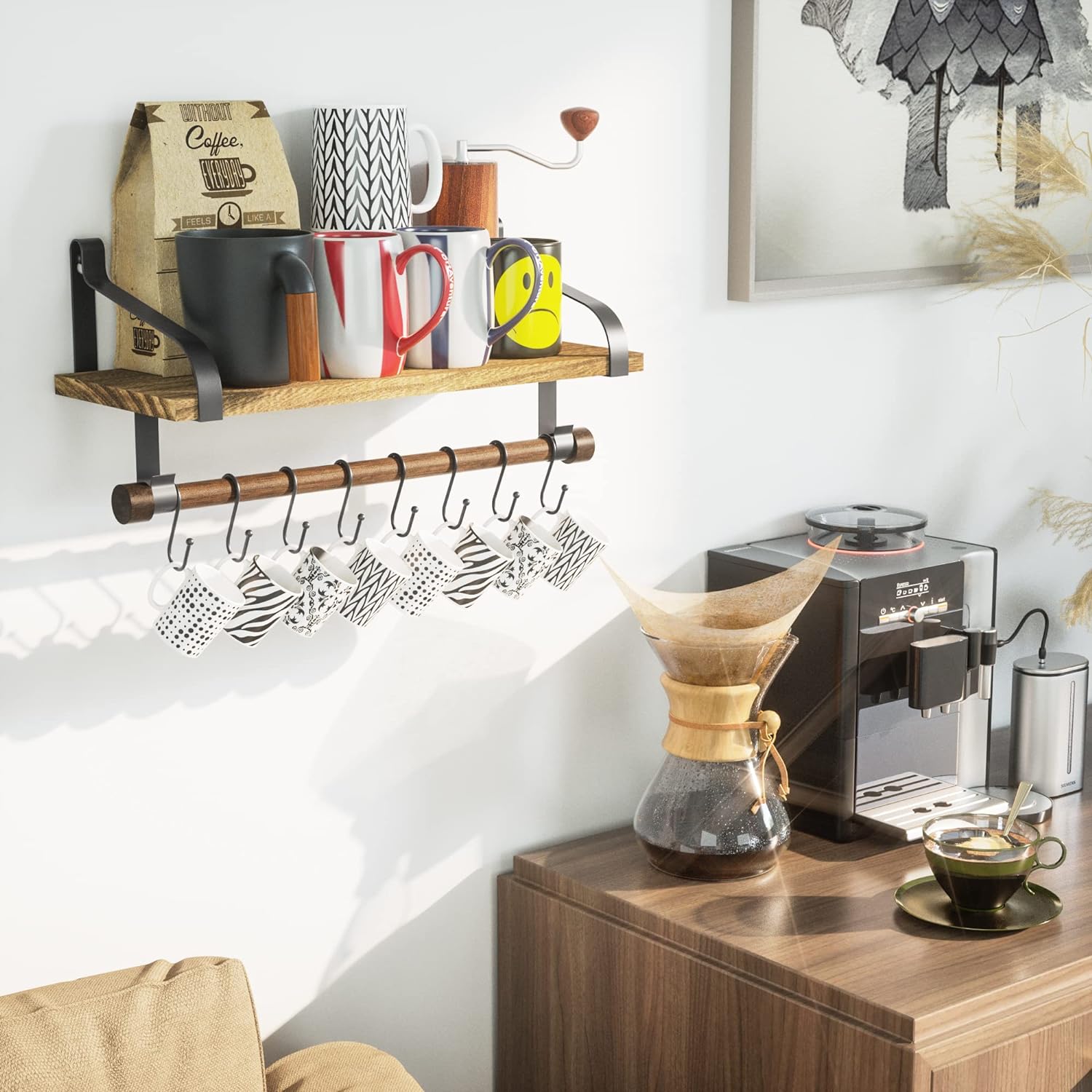 Love-KANKEI Floating Shelf with 8 Hooks and Towel Bar