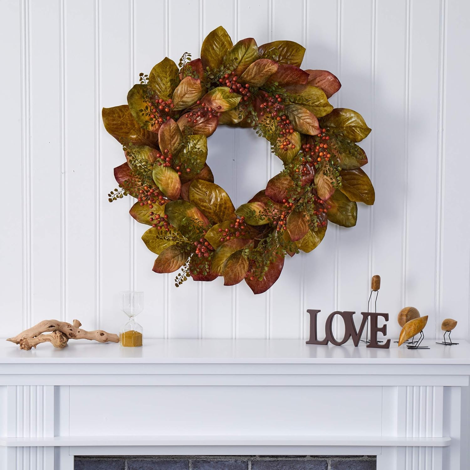 Nearly Natural 30in Fall Magnolia Leaf and Berries Wreath