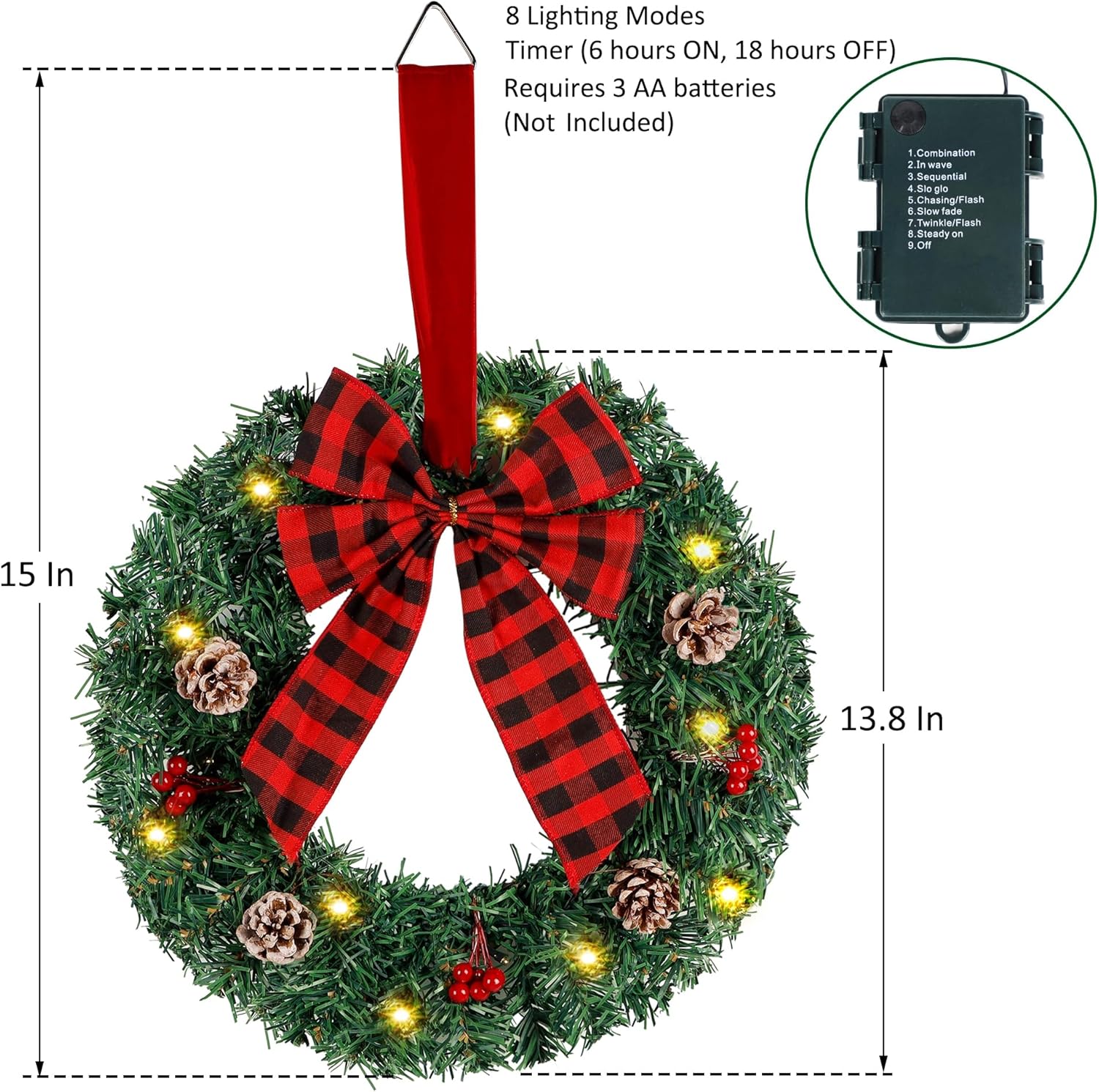ATDAWN 3 Pack Mini Christmas Wreath with Light