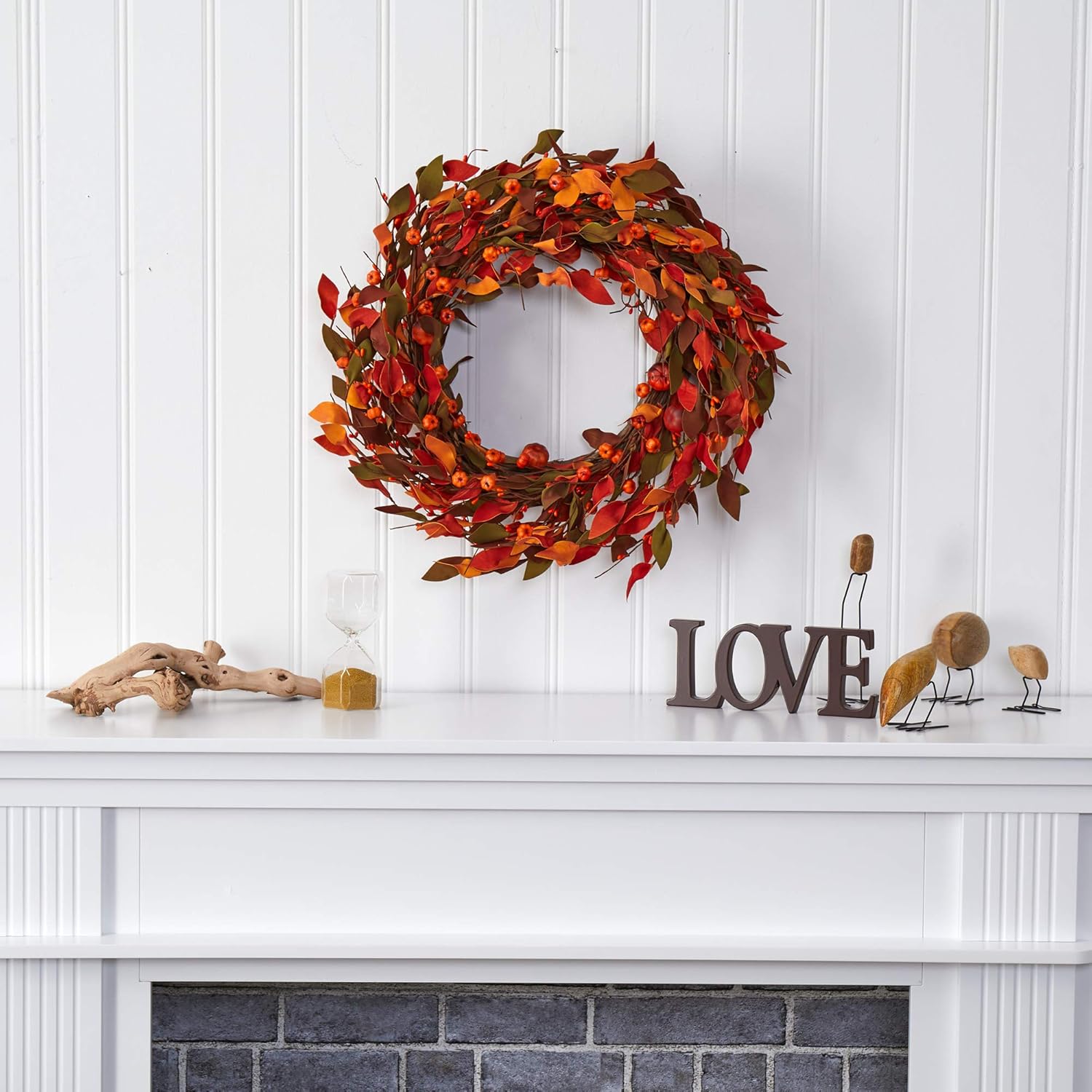 Nearly Natural 20in Harvest Leaf and Mini Pumpkin Artificial Wreath