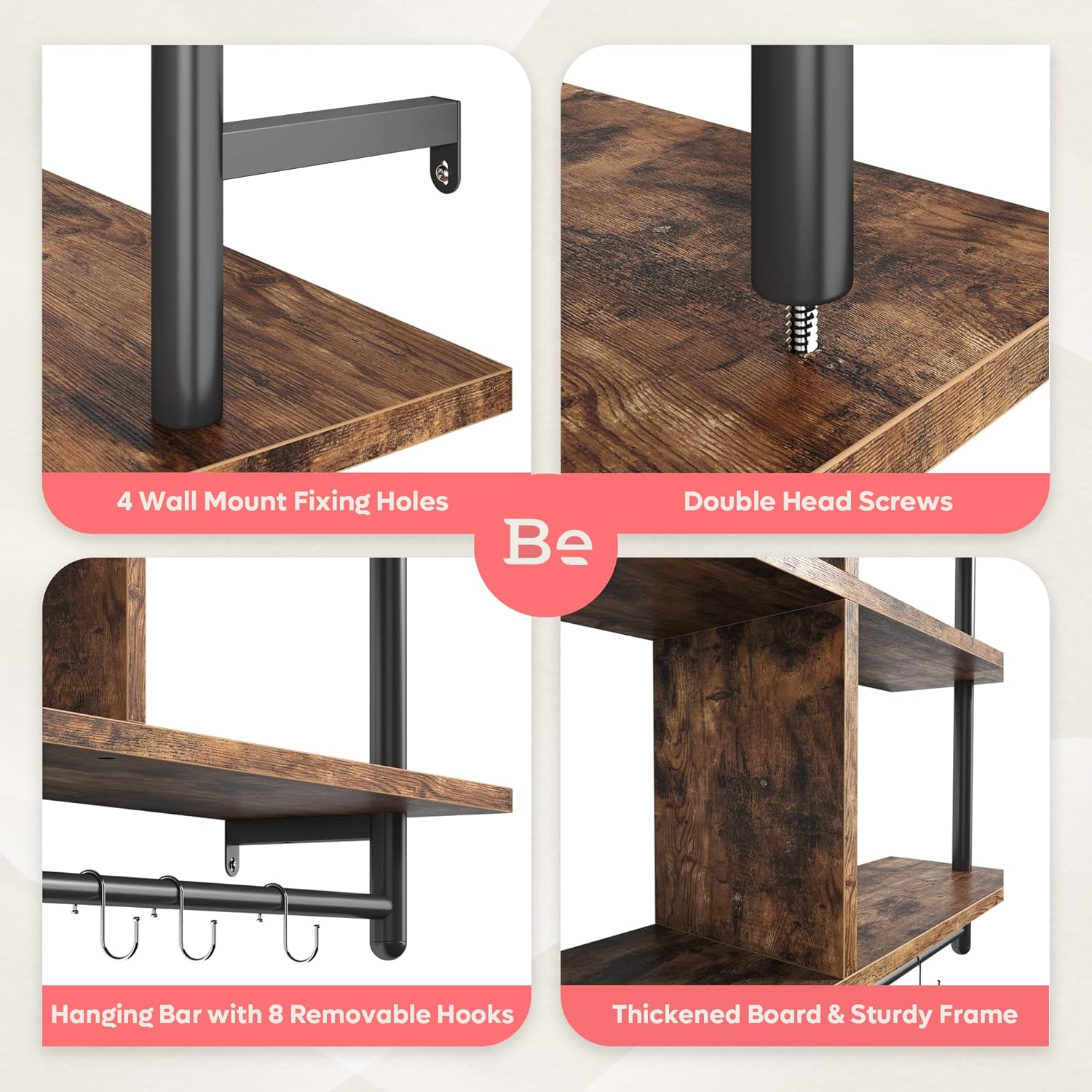 Bestier 3 Tier Floating Pipe Shelf Rustic Brown 415
