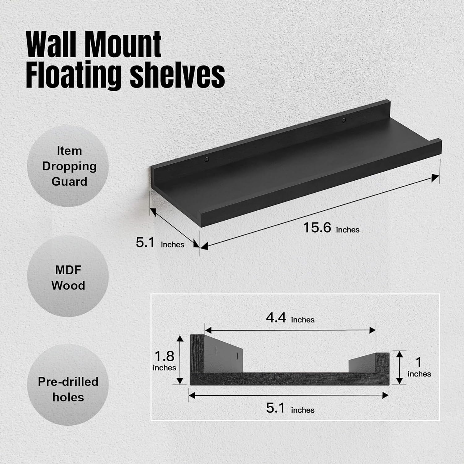 RICHER HOUSE 3 Set Floating Shelves for Wall Black