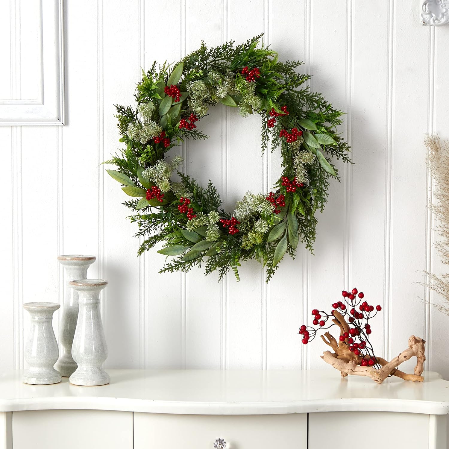 Nearly Natural 24in Artificial Christmas Wreath with Cedar Eucalyptus and Berries
