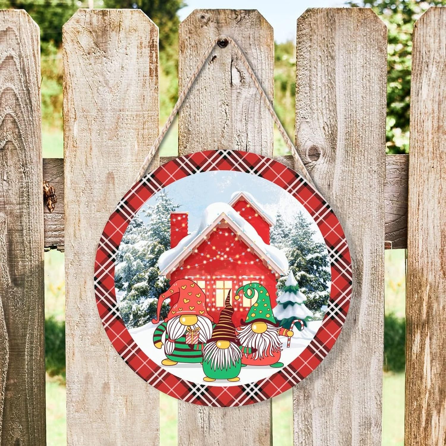 Farmhouse Door Hanger Red Plaid Winter Scene Cute Gnome Wood Sign