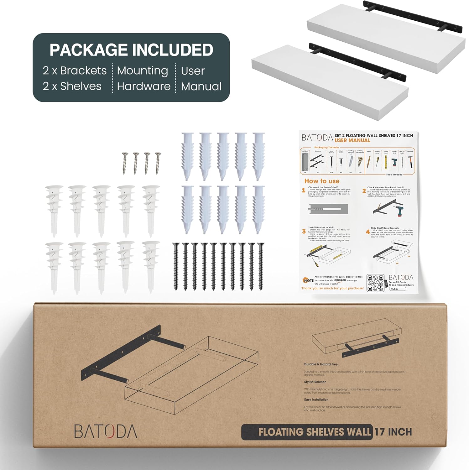 BATODA Set of 2 17 Inch White Floating Shelves Wall Mounted