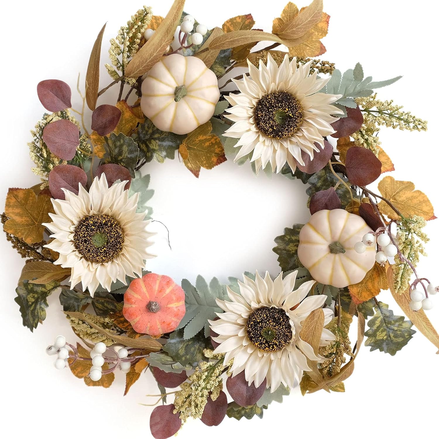 Idyllic 20 Inch White Sunflower Pumpkin Fall Wreath