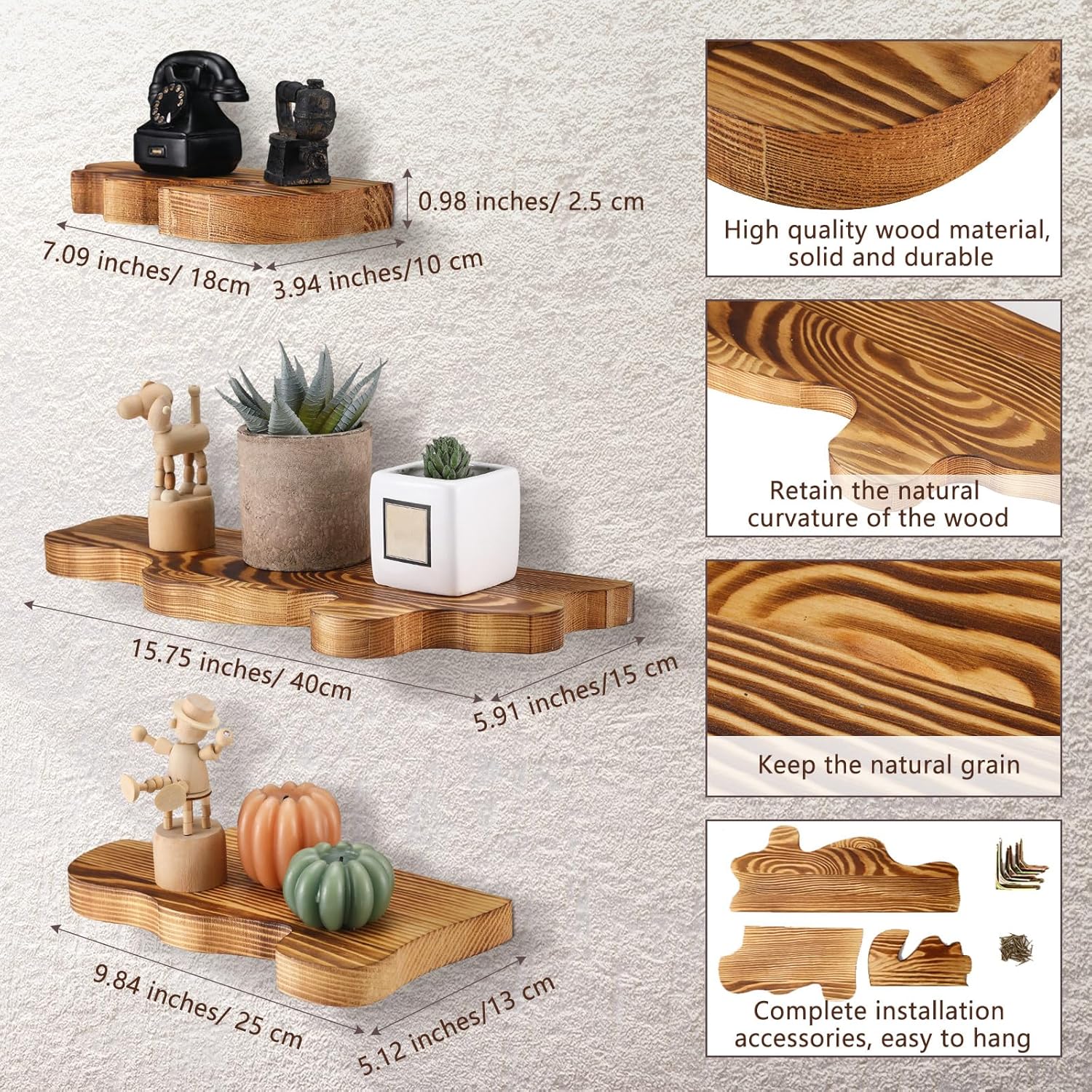 Suzile Set of 3 Rustic Wavy Floating Shelves Brown