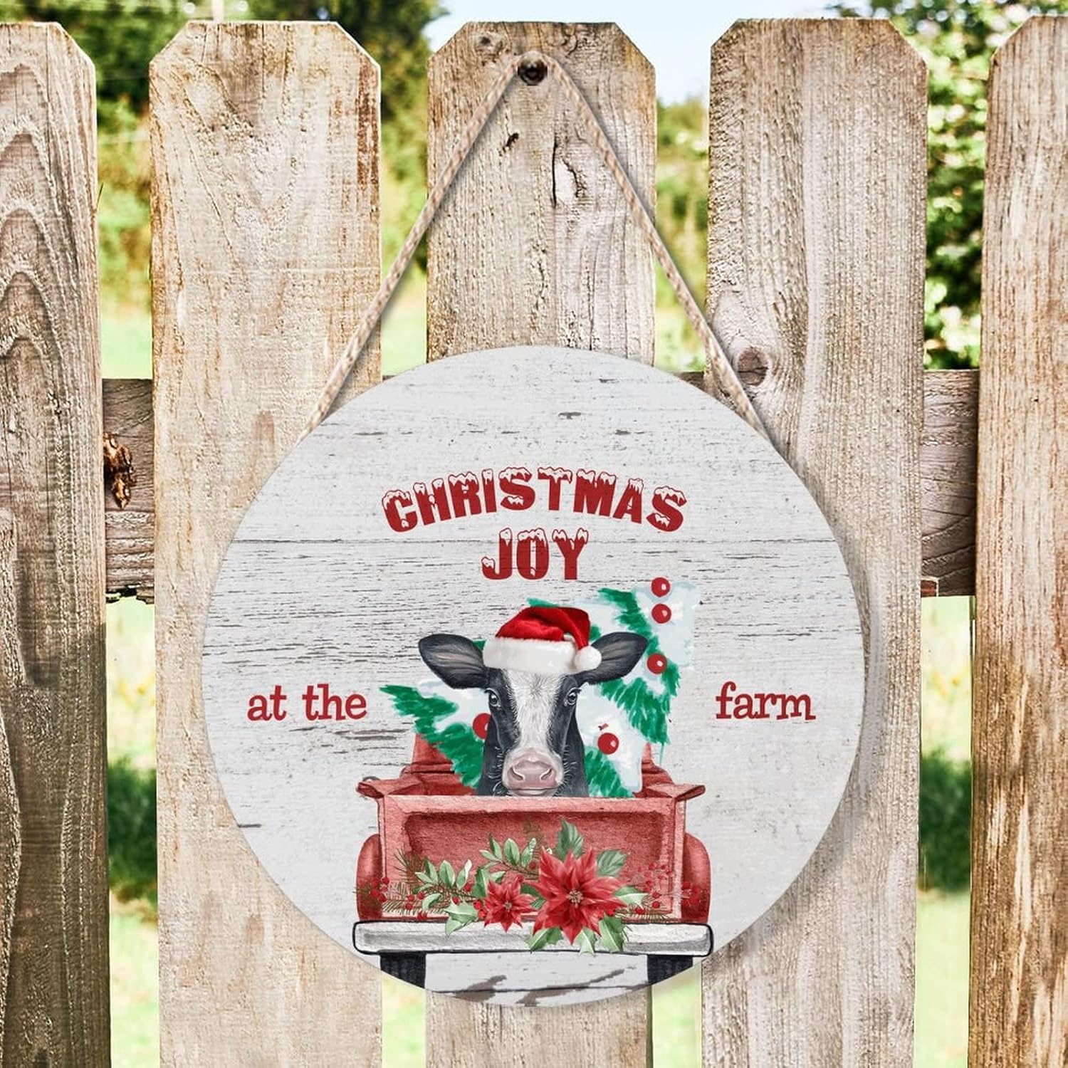 Farmhouse Front Door Hanger with Santa Cow Christmas Wood Sign