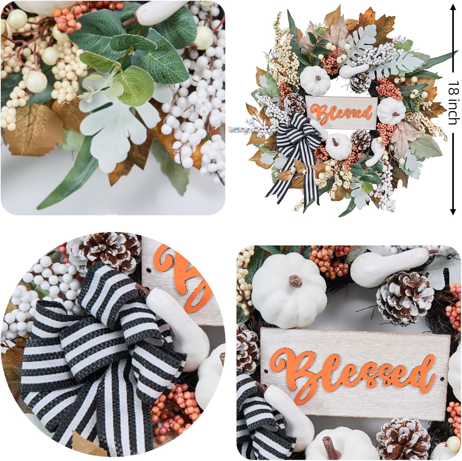 Vofuly Fall Wreath with White Pumpkin and Ribbon Bow