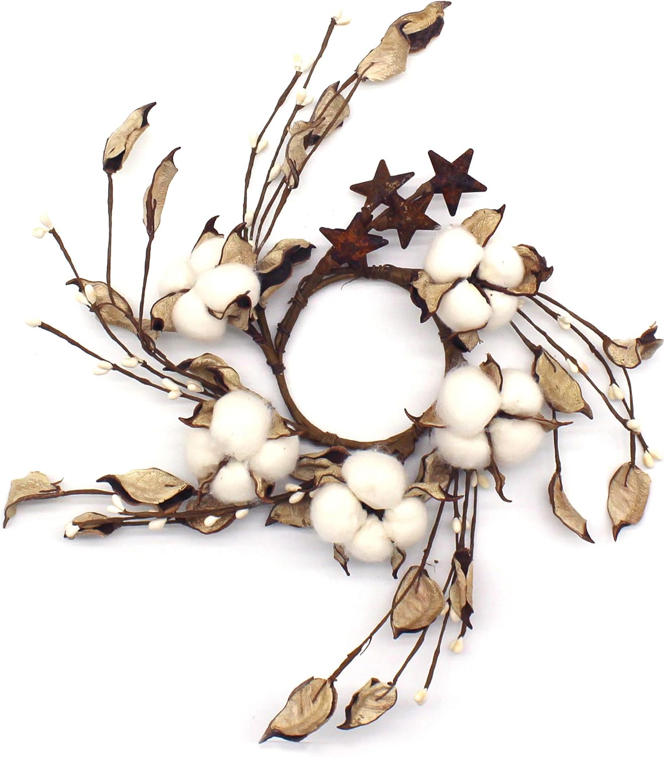 Rustic Pod Wreath with Autumn Leaves and Barn Stars 9 Inch