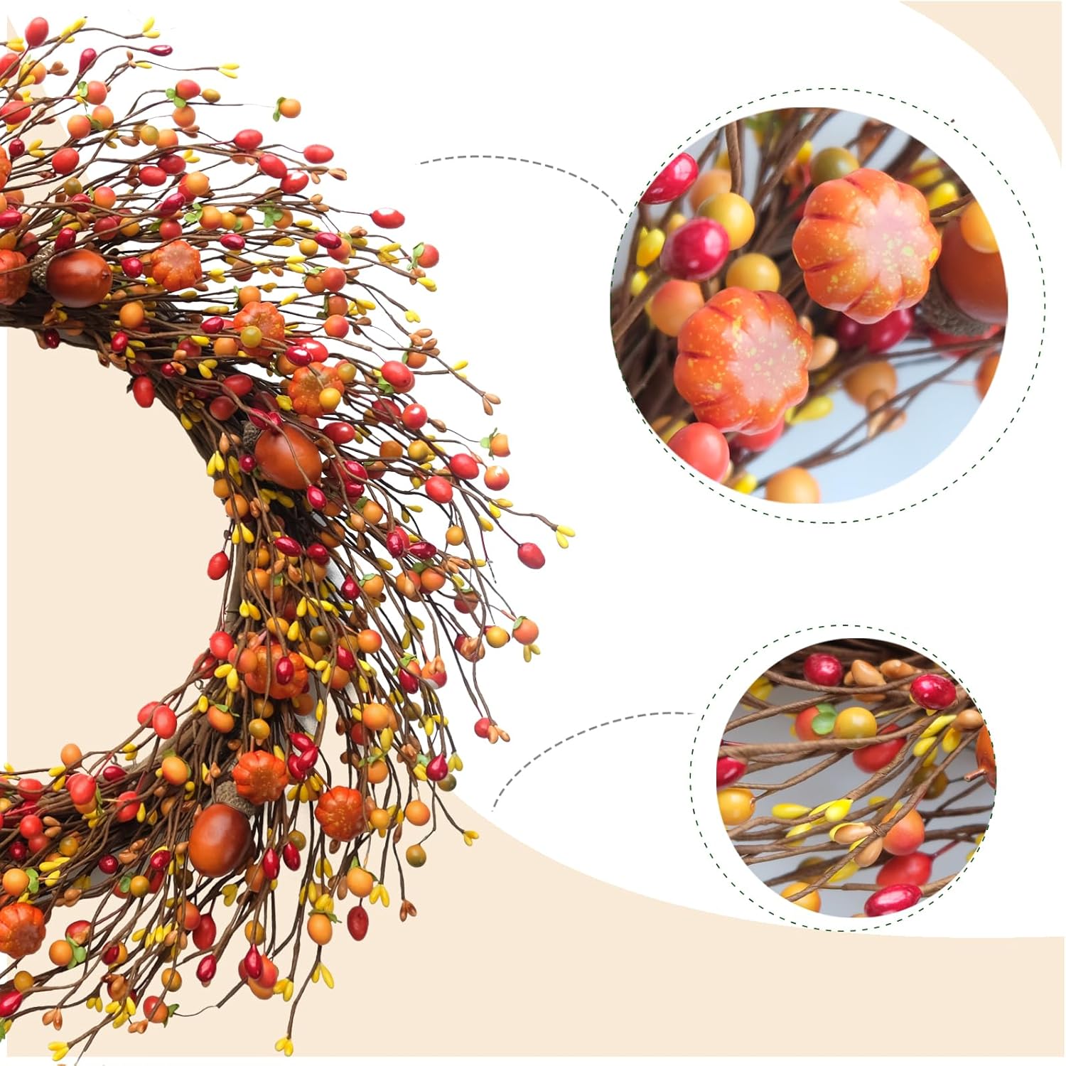 TEMPUS Fall Berry Wreath 20 Inch Autumn Decor