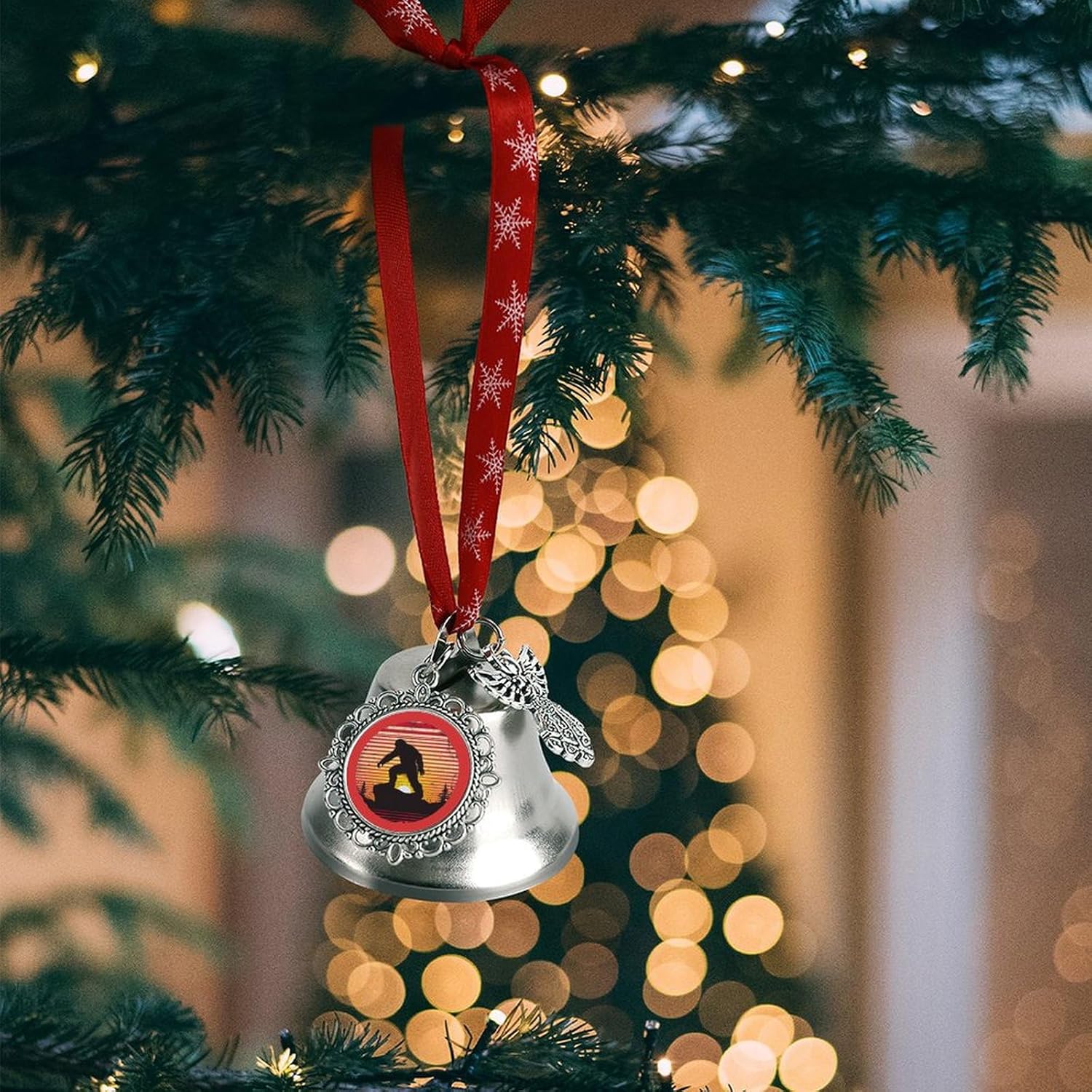 Vintage Bigfoot Silhouette Christmas Hanging Bell Ornament