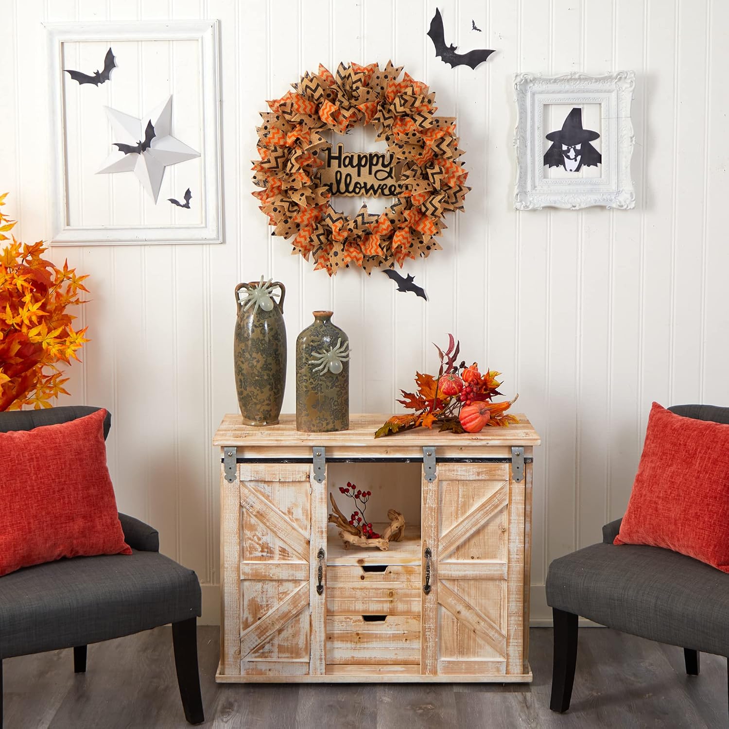 Nearly Natural 30in Halloween Burlap Ribbon Wreath
