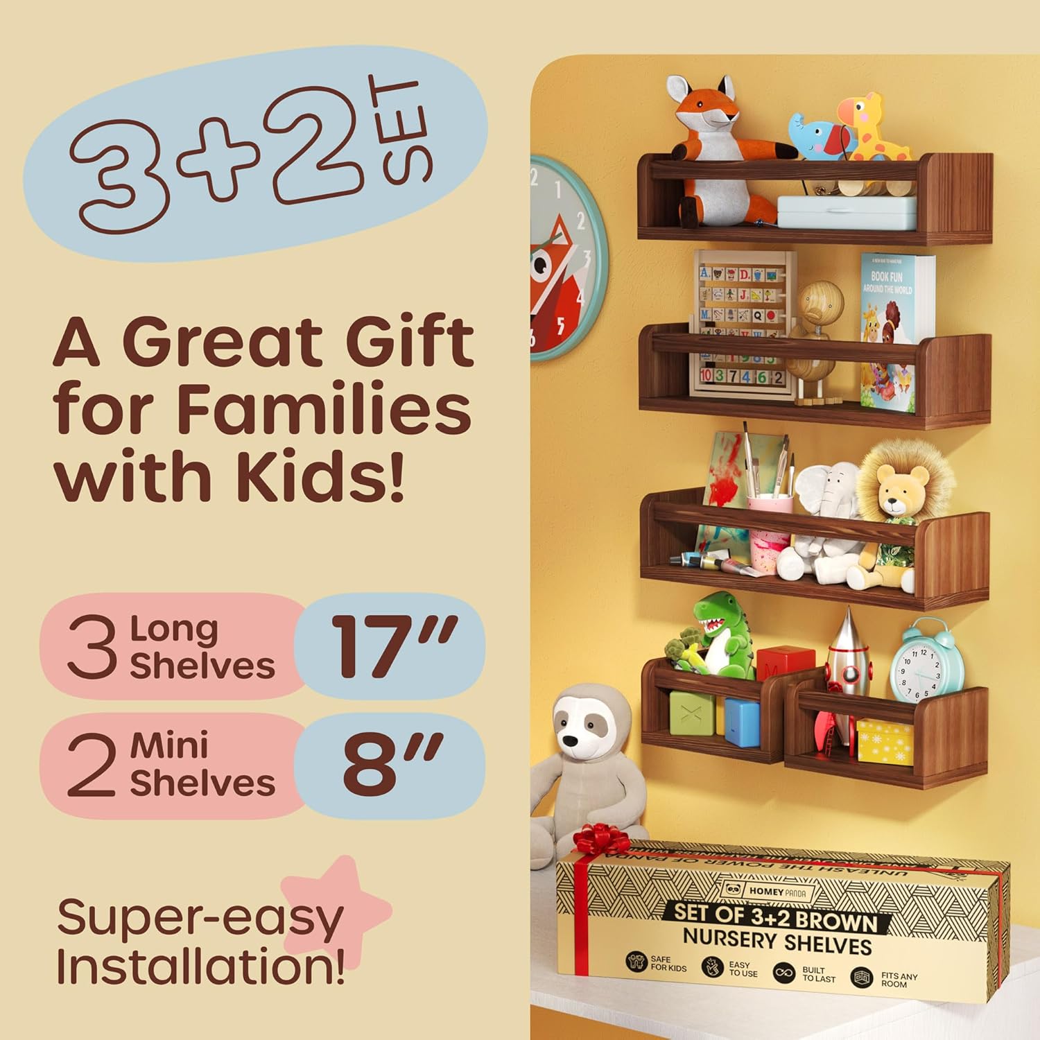 Wall-Mounted Nursery Bookshelves - 3 Long 2 Mini Shelves