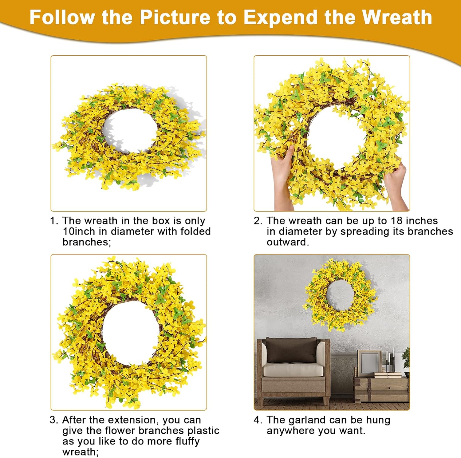 WILLBOND Yellow Forsythia Wreath 18 Inch Handcrafted Farmhouse Decor