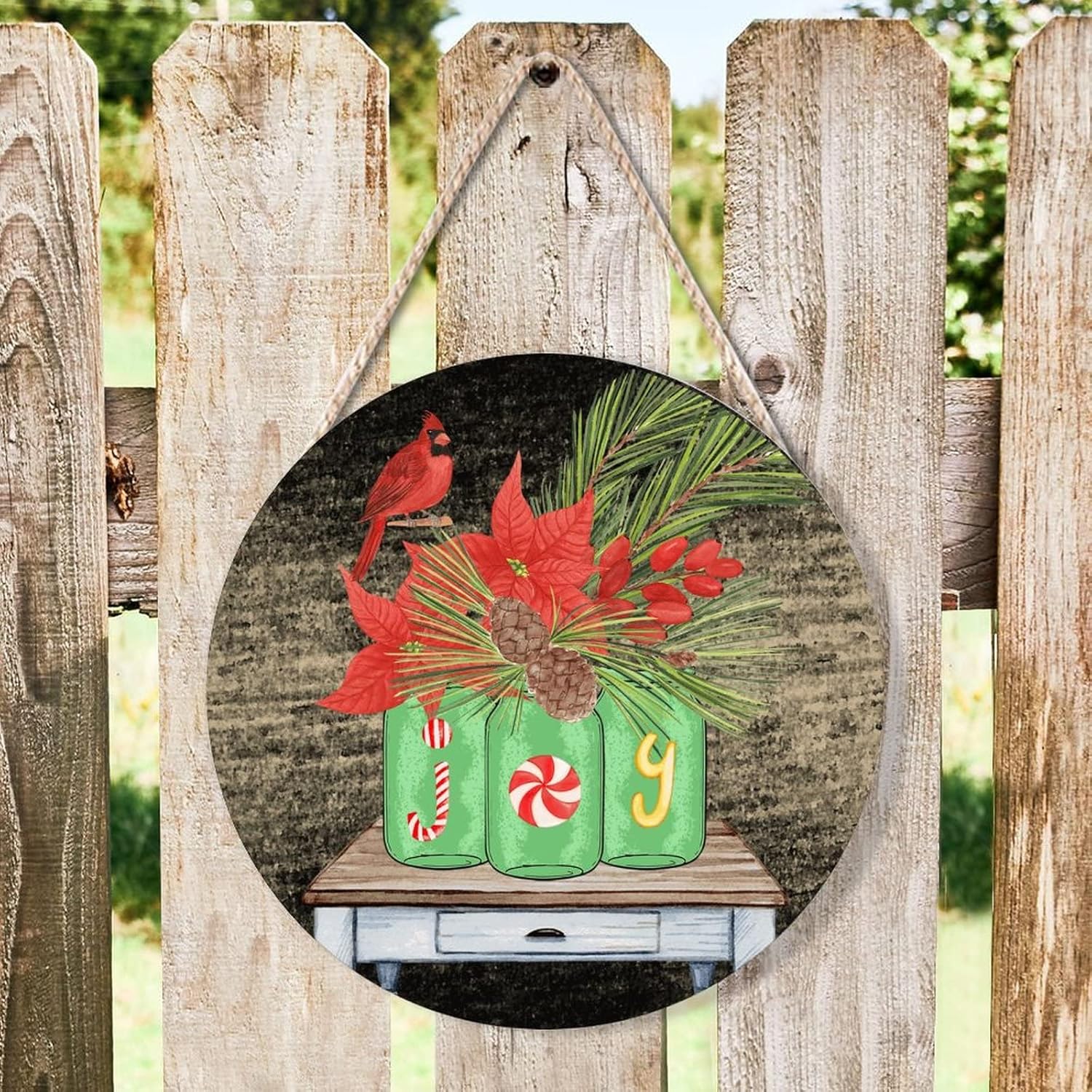 Farmhouse Door Hanger Christmas Red Bird Flower Joy Wood Sign 12x12in