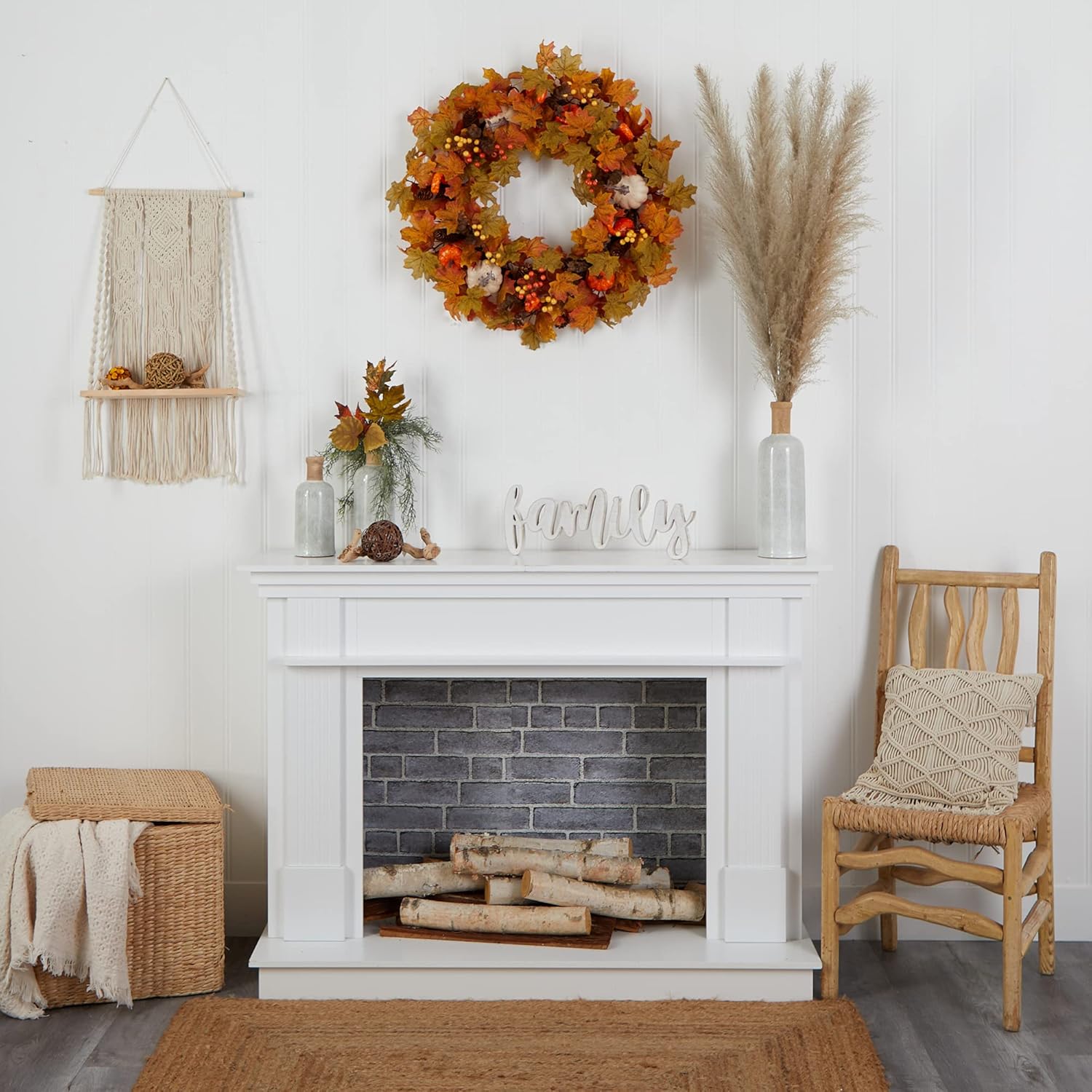 Nearly Natural 30in Autumn Pumpkin Maple Leaf Wreath