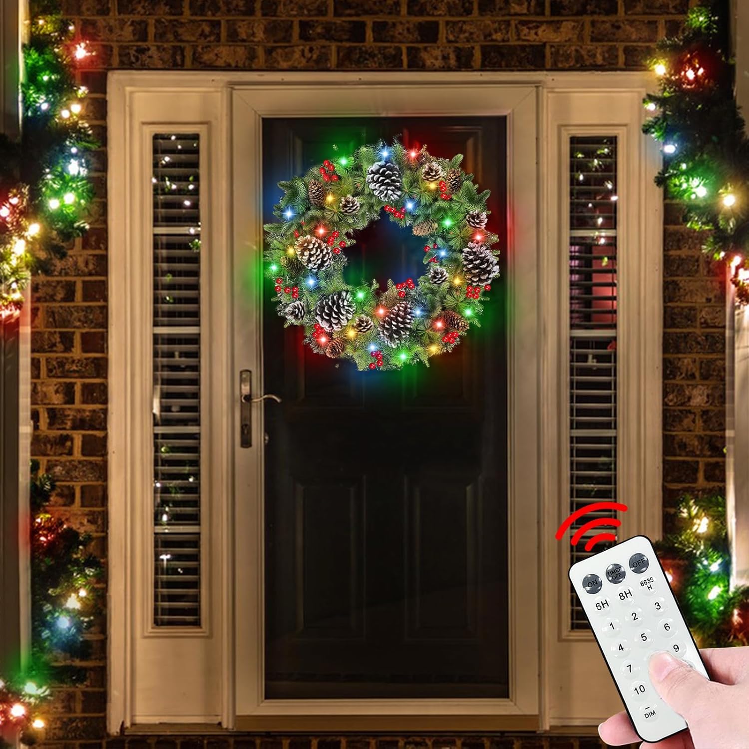 30 Inch Thick Pre-Lit Christmas Wreath with 70 Lights and Remote Control