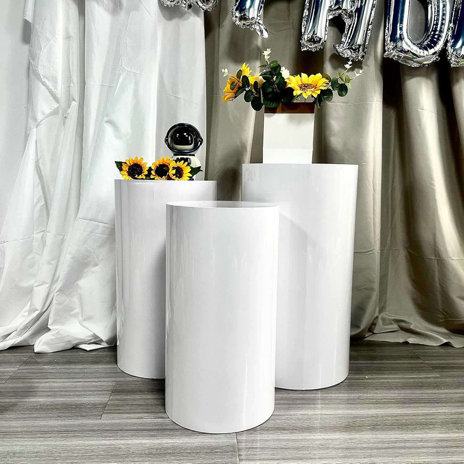 Hytesco Metal Display Pedestal Stand - 3PC White Round Cylinder Decor