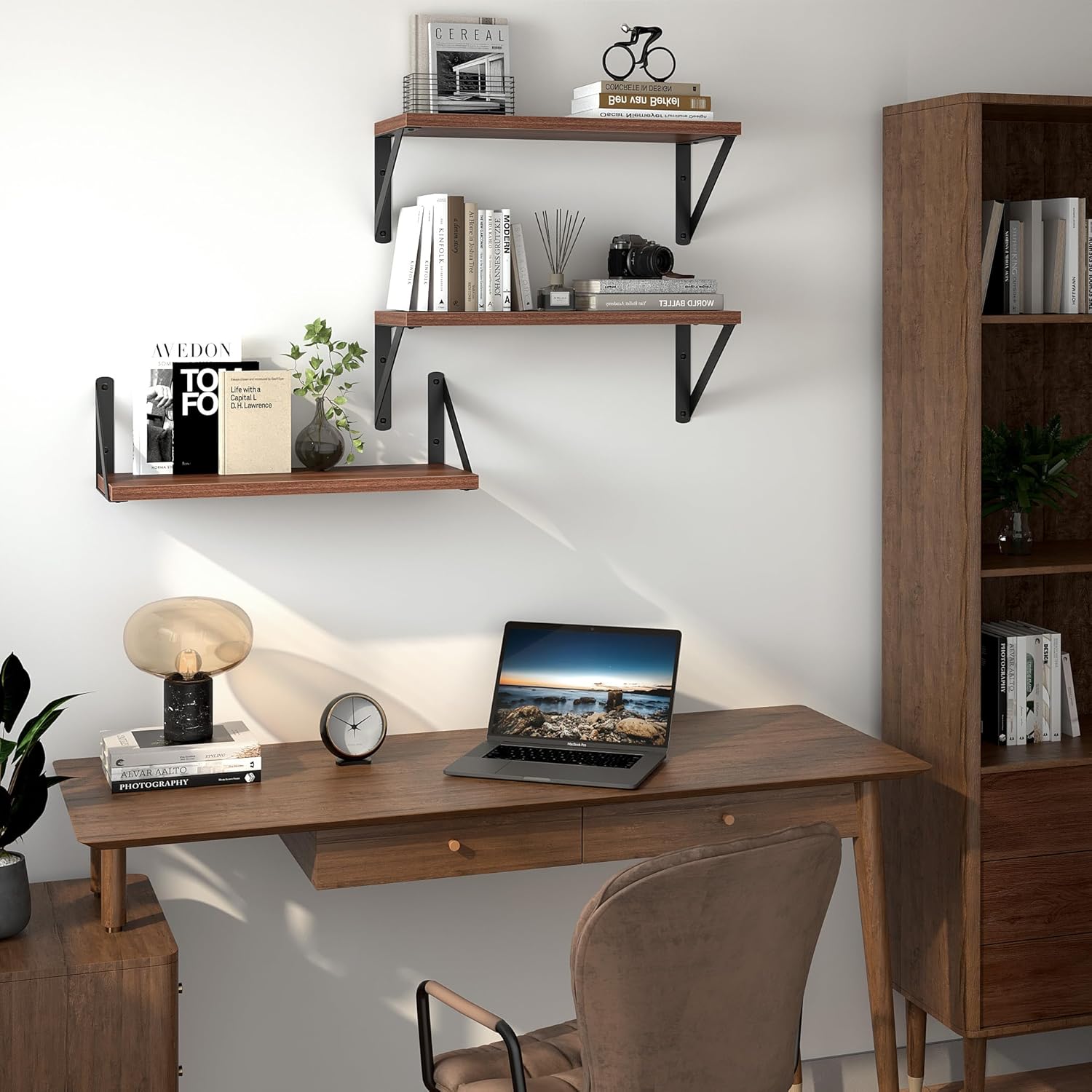 Heimlove Floating Shelves Set of 3 16 Inch Walnut Wood Wall Shelves
